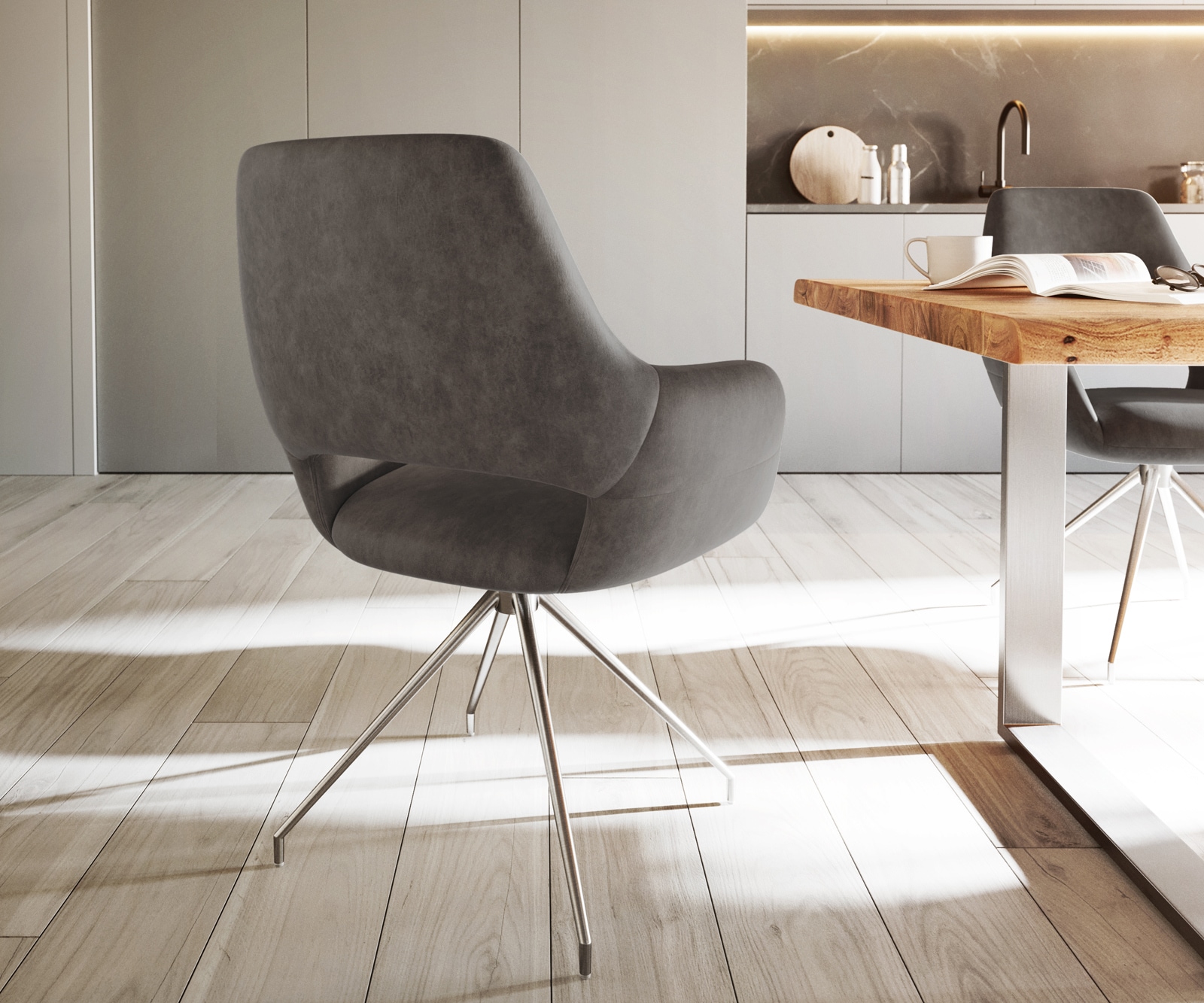 Chaise-de-salle-à-manger Yago-Flex avec accoudoirs microvelours anthracite vintage pied croisé conique acier inoxydable brossé ressorts ensachés 4 Chaise-de-salle-à-manger Yago-Flex avec accoudoirs microvelours anthracite vintage pied croisé conique acier inoxydable brossé ressorts ensachés 4