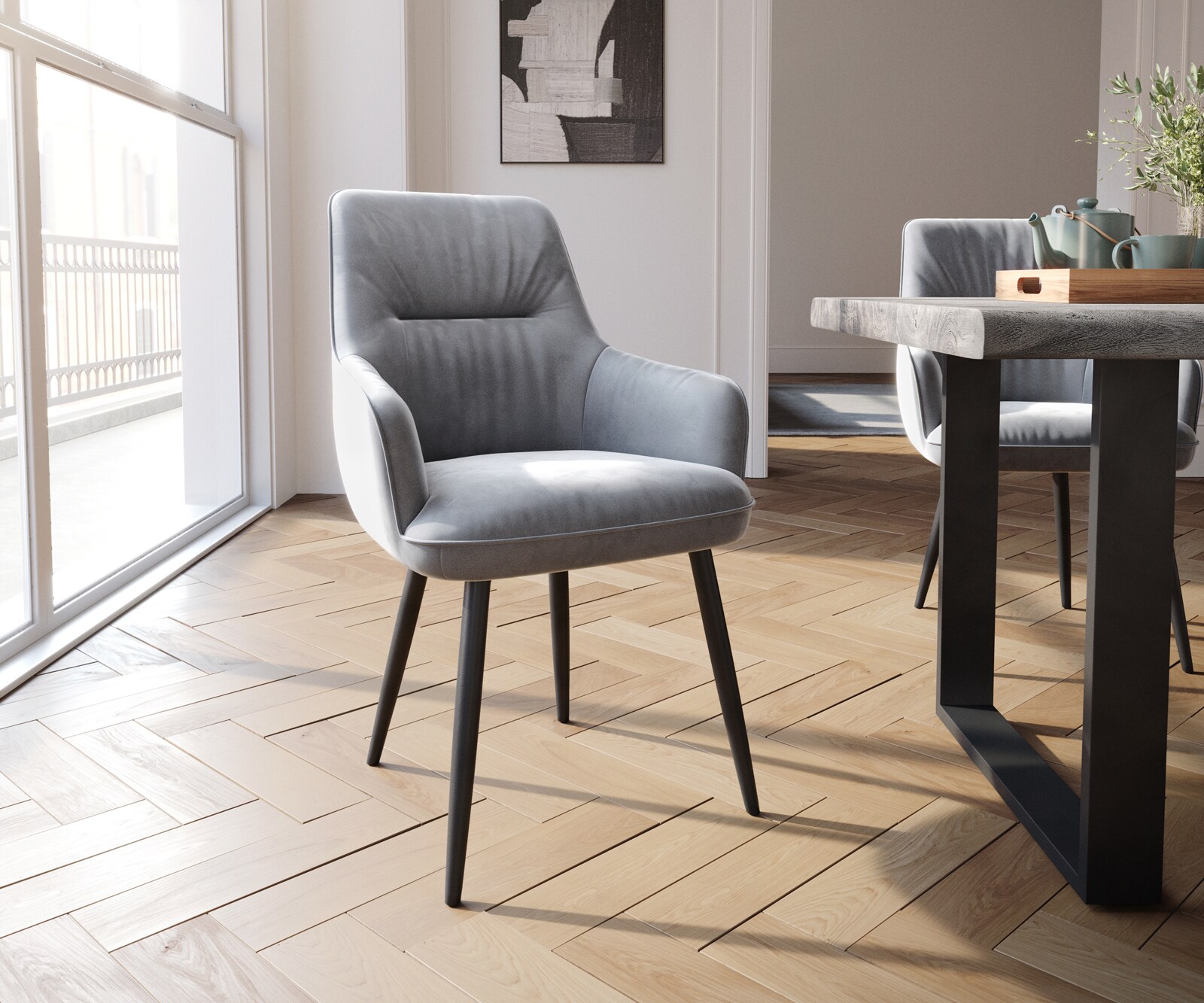 Chaise-de-salle-à-manger Zelia-Flex avec accoudoirs velours gris 4 pieds coniques noir ressorts ensachés