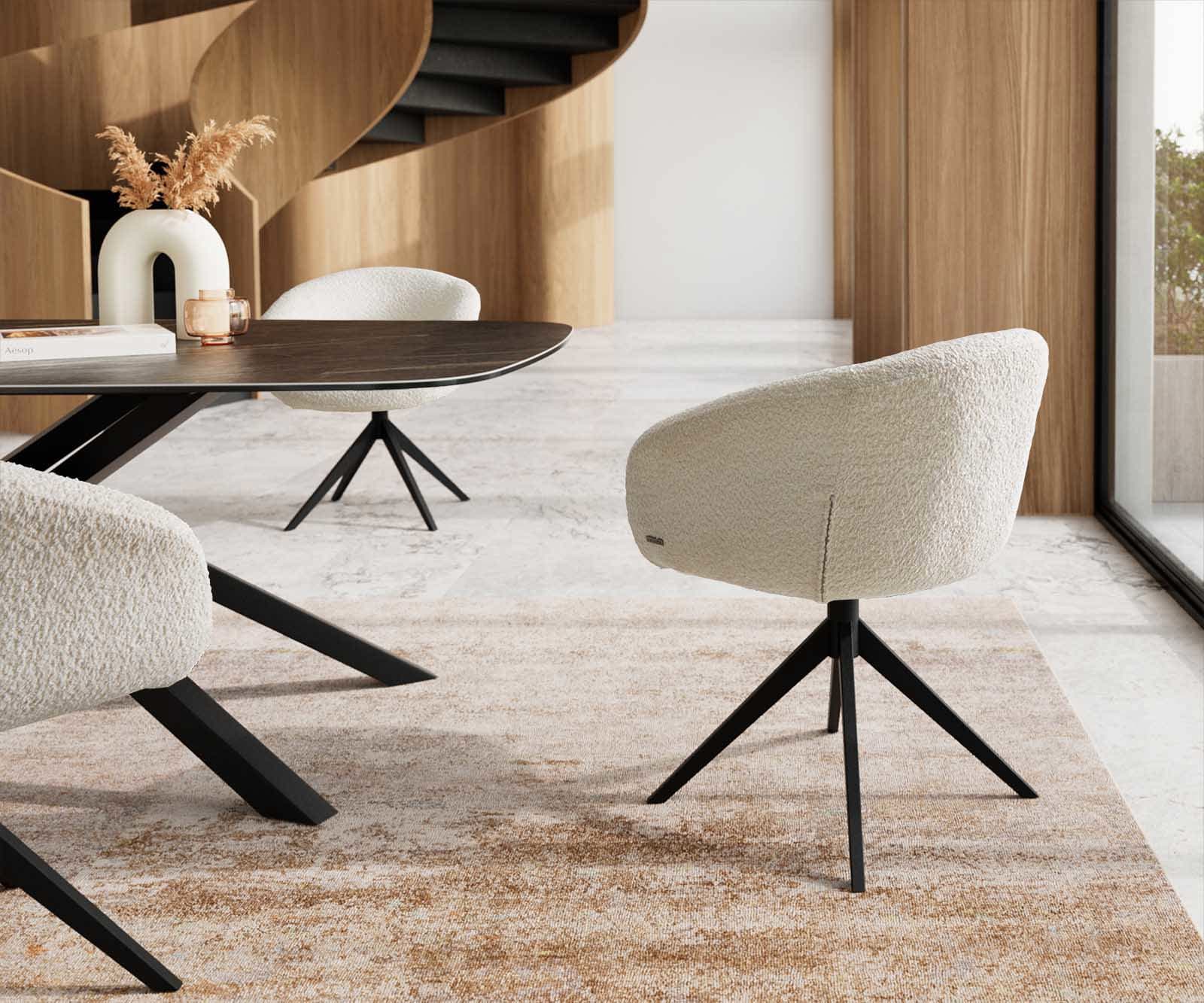 Chaise-pivotante Vinka-Flex avec accoudoirs bouclé blanc pied croisé large noir pivotement sur 360° ressorts ensachés 4 Chaise-pivotante Vinka-Flex avec accoudoirs bouclé blanc pied croisé large noir pivotement sur 360° ressorts ensachés 4