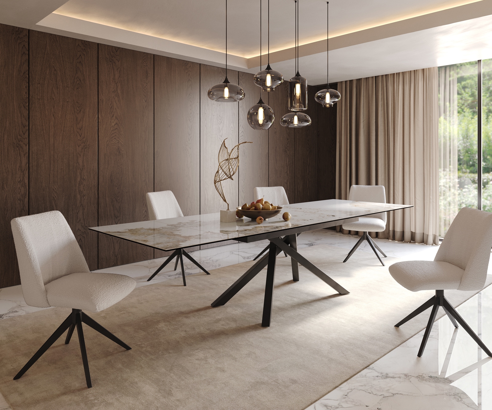 Table à manger Edge 200-300x100 céramique Minas mélange blanc-beige cadre croisé rectangulaire noir extensible 8