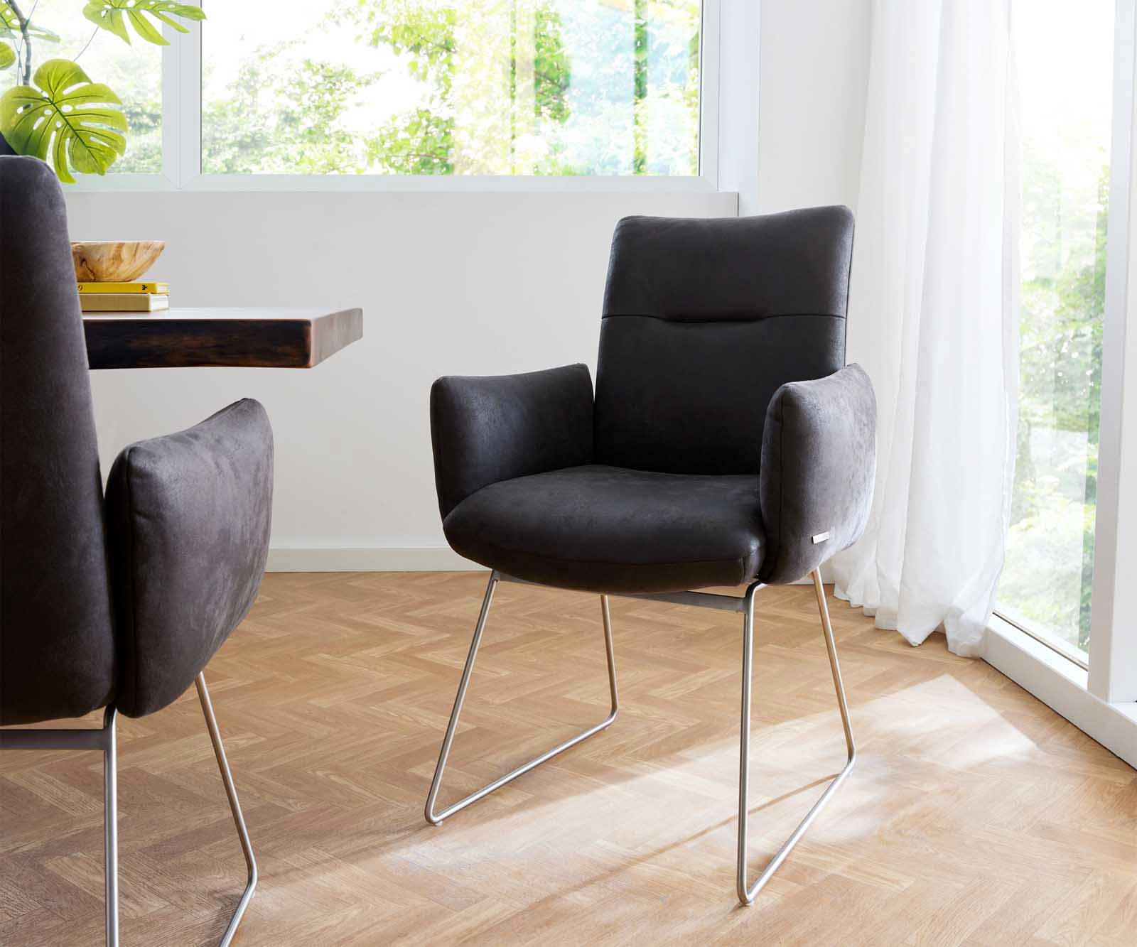 Chaise-de-salle-à-manger Jova-Flex avec accoudoirs microvelours anthracite vintage pied trapèze acier inoxydable brossé ressorts ensachés