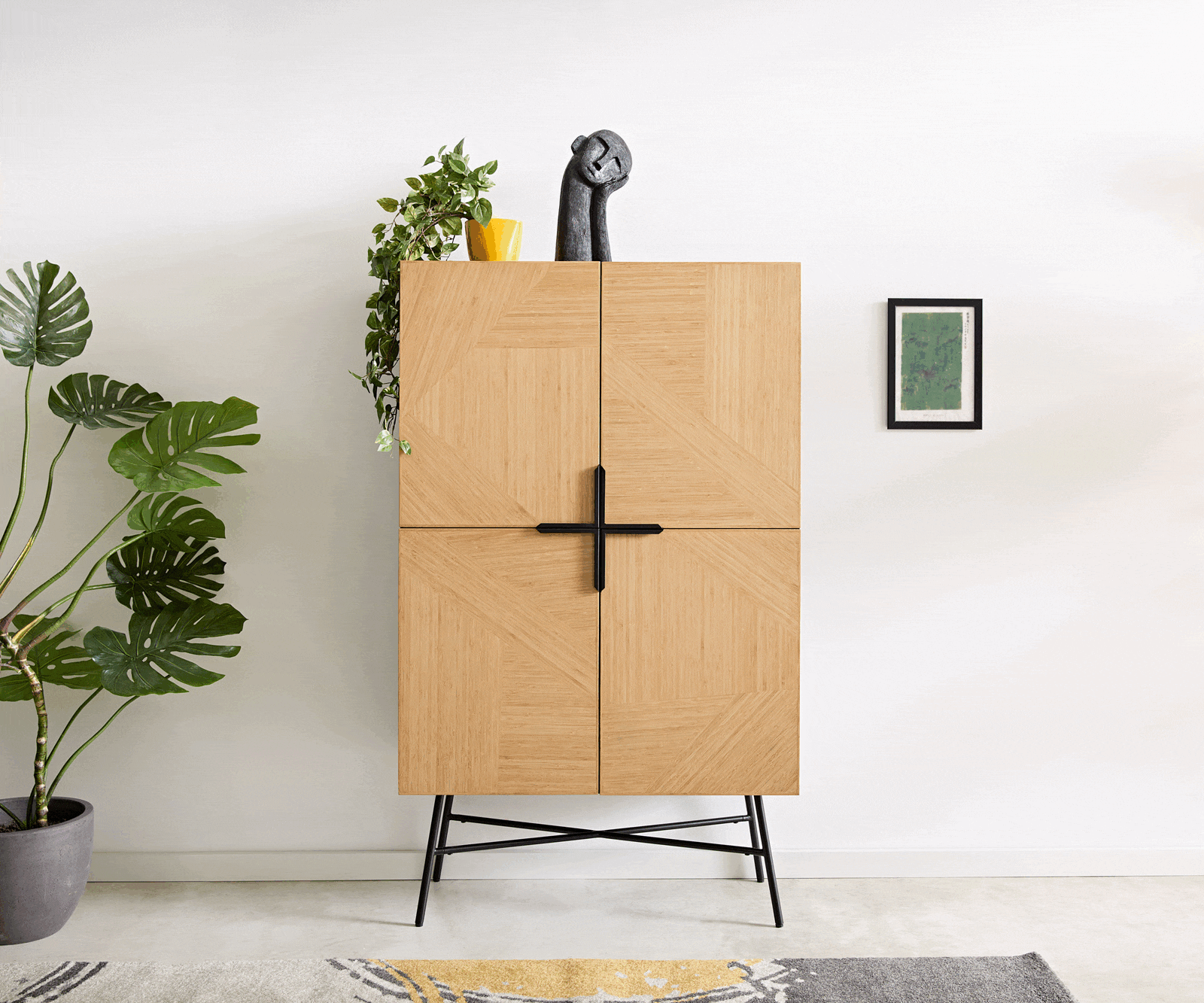 Buffet-haut Mikkusu 90x150 cm bambou naturel manguier noir 4 portes métal noir 1