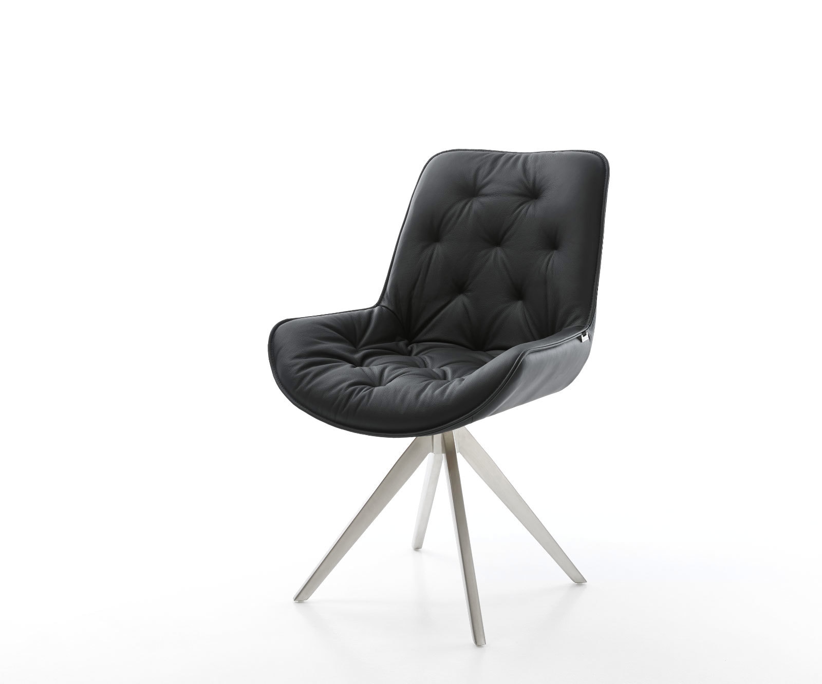 Chaise-de-salle-à-manger Taimi-Flex cuir de vache noir pied croisé angulaire acier inoxydable brossé Chaise-de-salle-à-manger Taimi-Flex cuir de vache noir pied croisé angulaire acier inoxydable brossé