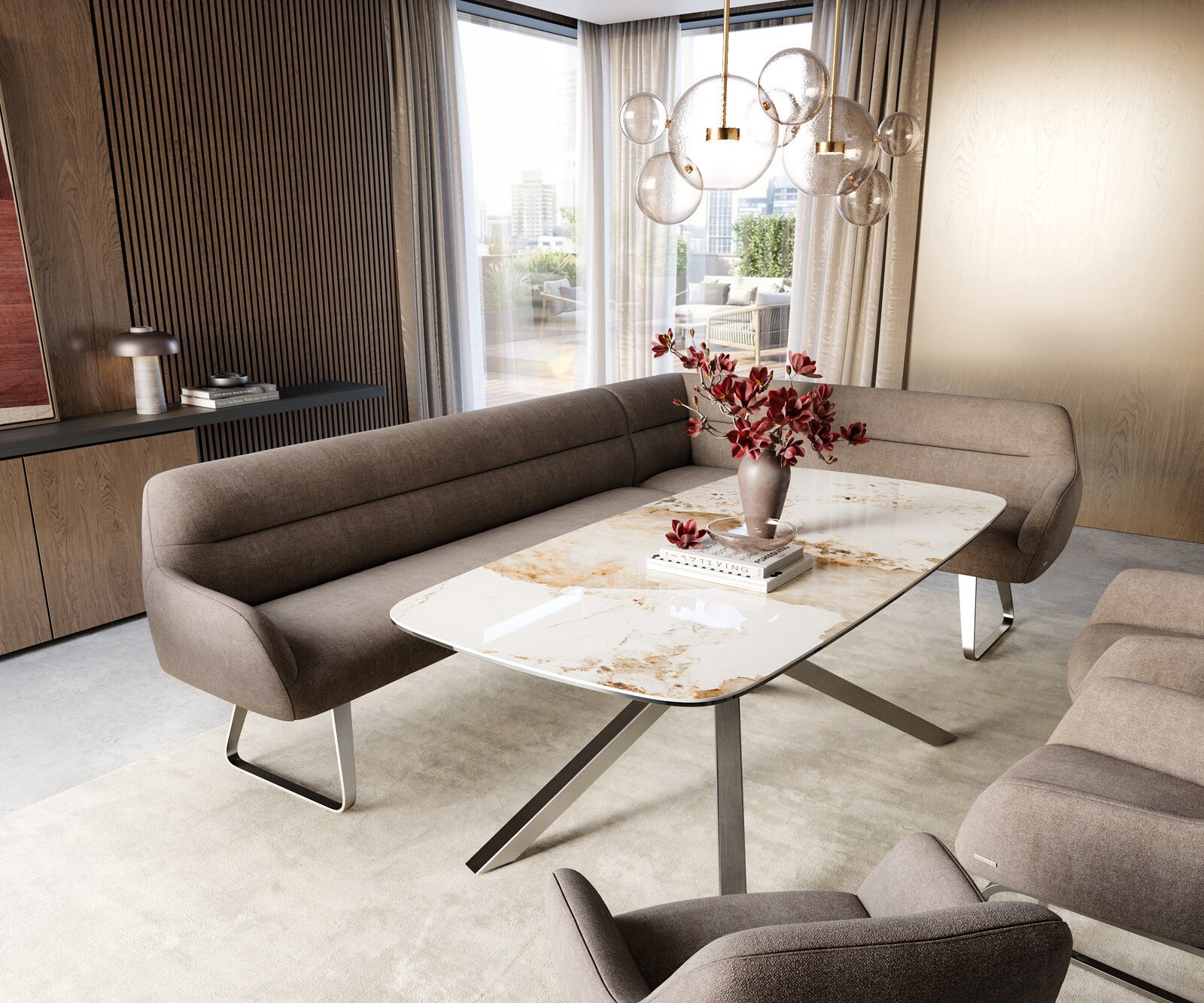 Banc-de-salle-à-manger Taya-Flex 285x190 cm tissu structuré doux taupe châssis à patins plat acier inoxydable ressort ensaché liens 1