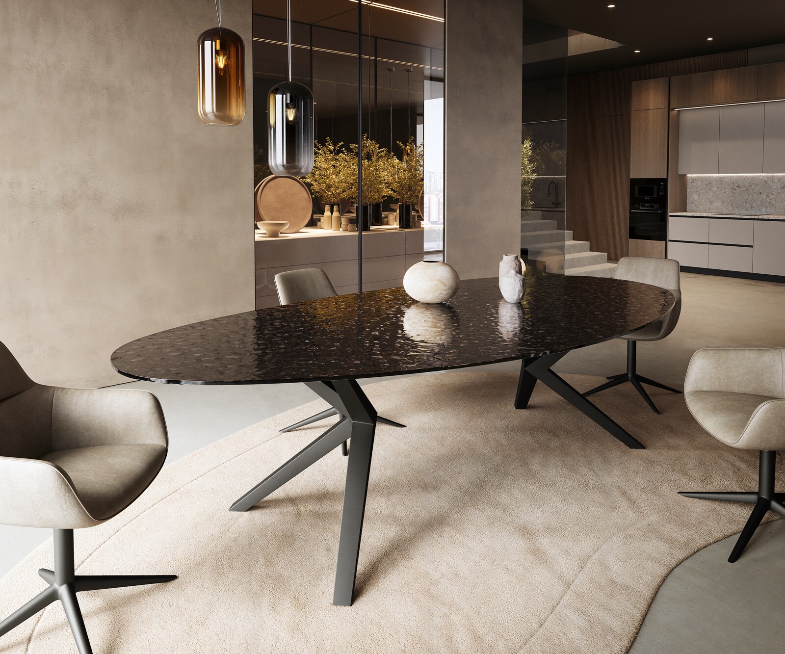 Table à manger Edge Ovale 280x130 Reliefglas RauchNoir 3D-Design Zenthara anguleux Métal Noir 1