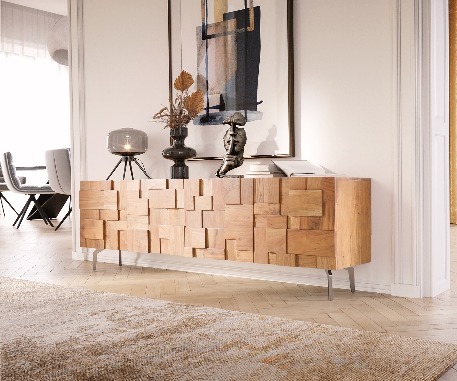 Meuble-TV Puzzle 175 cm 4 portes acacia naturel pied équerre inoxydable