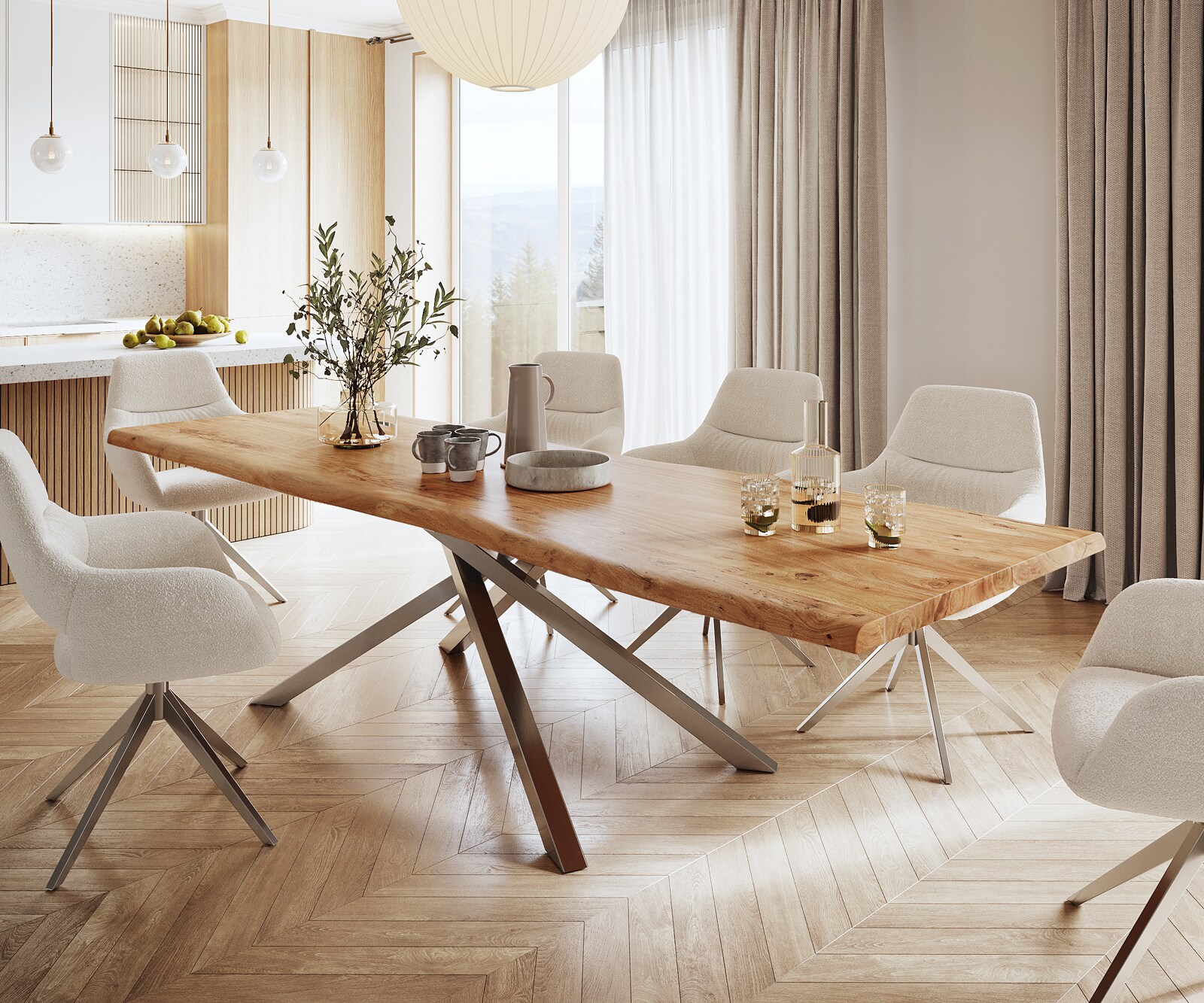 Table à manger Edge 300x100 XL acacia nature cadre croisé rectangle acier inoxydable Live-Edge 1