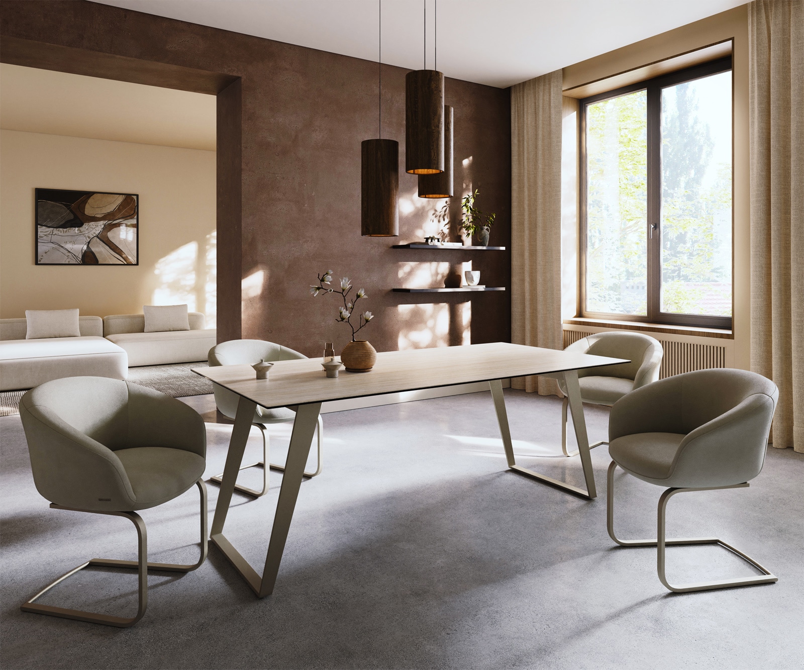 Table à manger Edge 200x100 céramique Laminam® Travertino Bianco crème-blanc métal incliné effet finition titanee 6