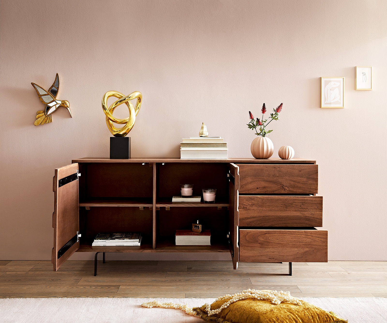 Buffet Fevo 145 cm acacia marron 2 portes 3 tiroirs Pied-L 3 Buffet Fevo 145 cm acacia marron 2 portes 3 tiroirs Pied-L 3