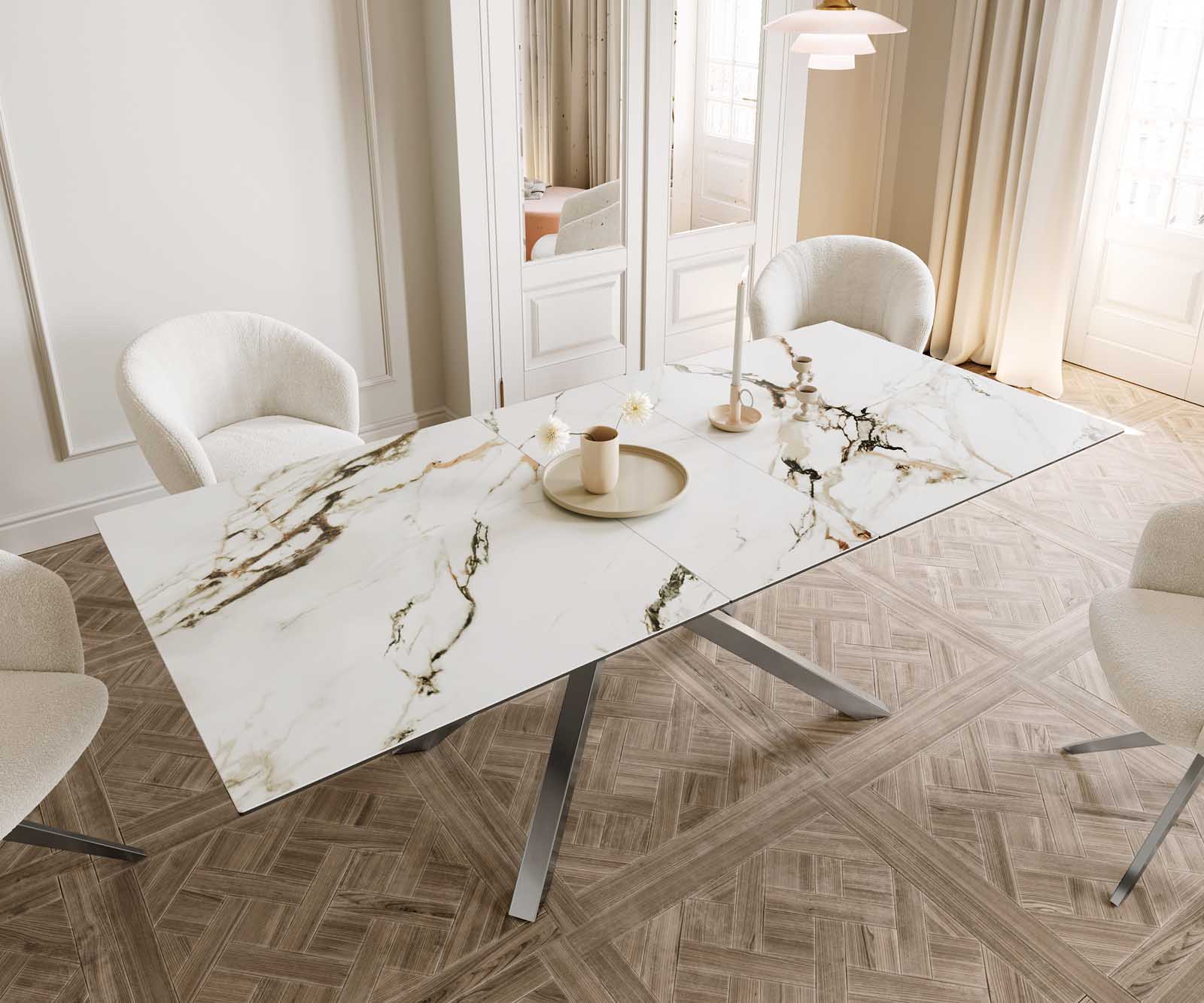Table à manger Edge 180-220x100 céramique Calacatta Luxe blanc-doré-gris cadre croisé rectangulaire acier inoxydable extensible 5
