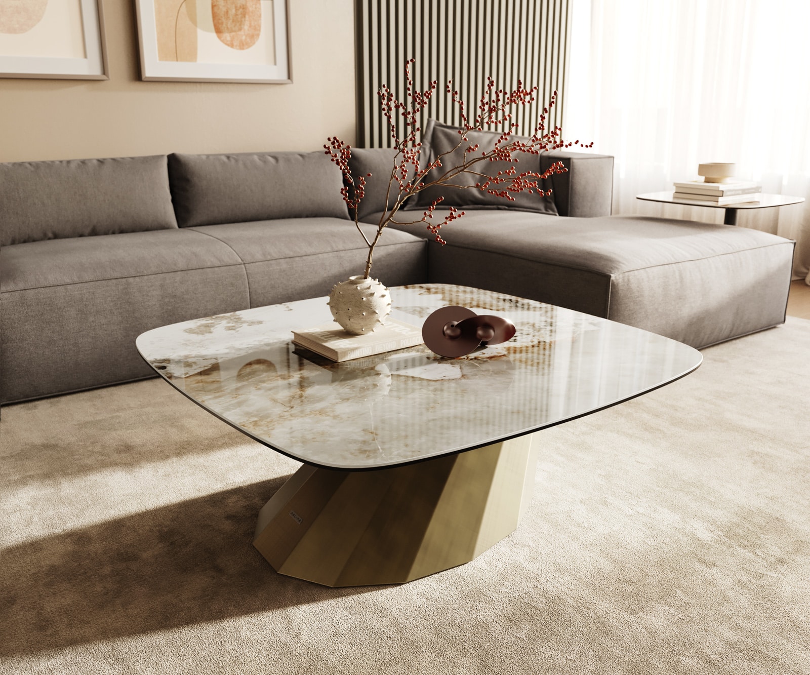 Table basse Edge Boot 90x90 cm céramique Minas Melange Parabi doré métallique 1