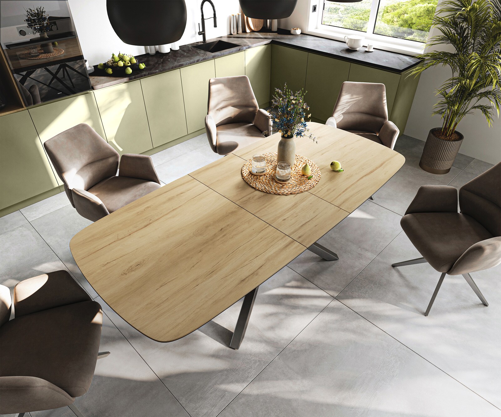 Table à manger Edge Boot 180-220x100 cm Céramique Laminam® Sabbia Eichefarbig piètement en croix Rectangle Acier inoxydable Graphite extensible 4