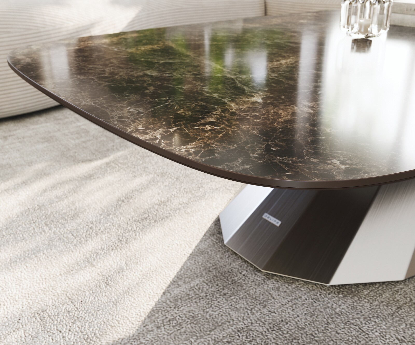 Table basse Edge Boot 140x80 cm céramique Laminam® Emperador Extra Lucidato brun foncé Parabi acier inoxydable brossé 6