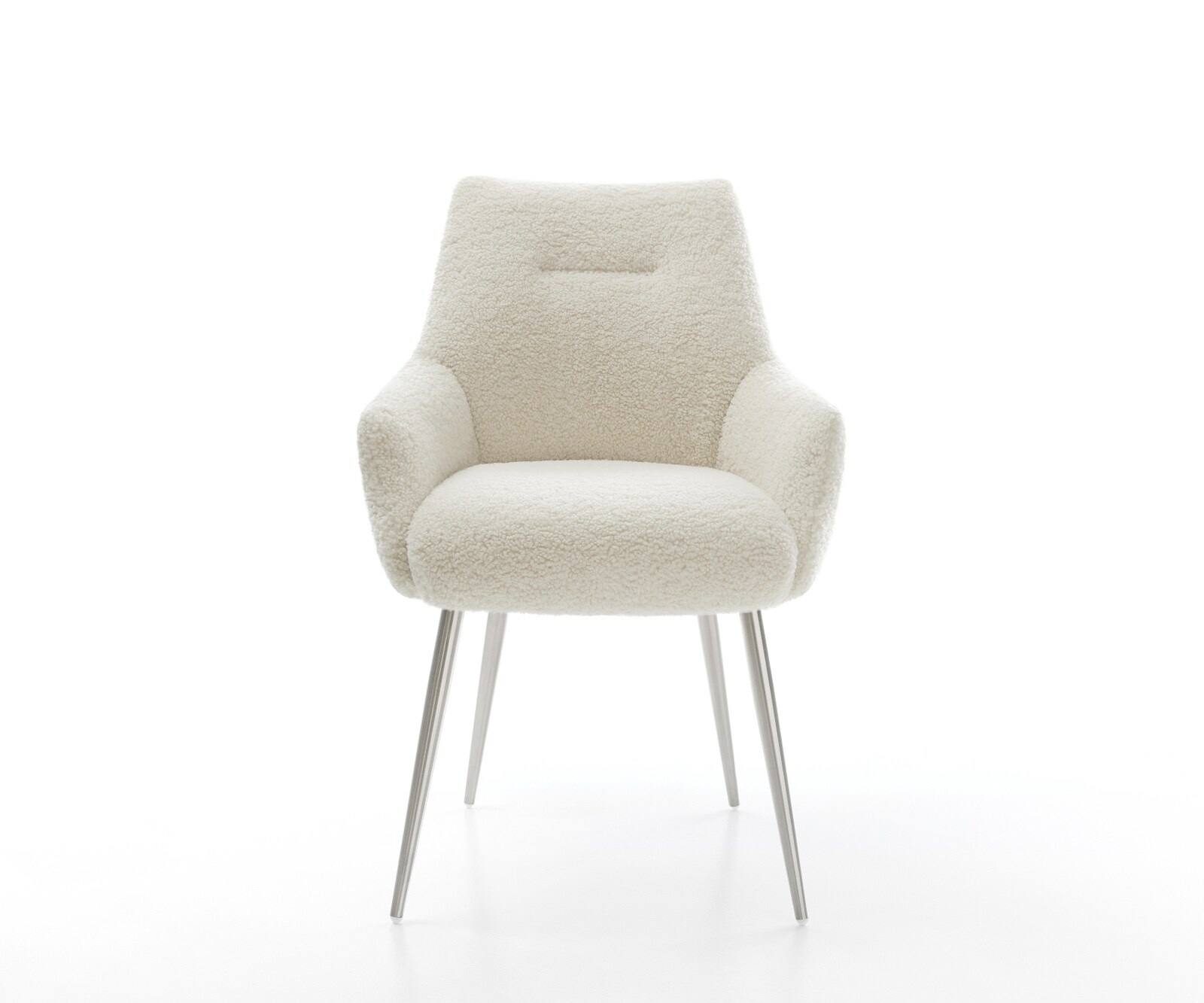 Chaise-de-salle-à-manger Alja-Flex avec accoudoirs tissu teddy beige 4 pieds coniques acier inoxydable resorts ensachés 1