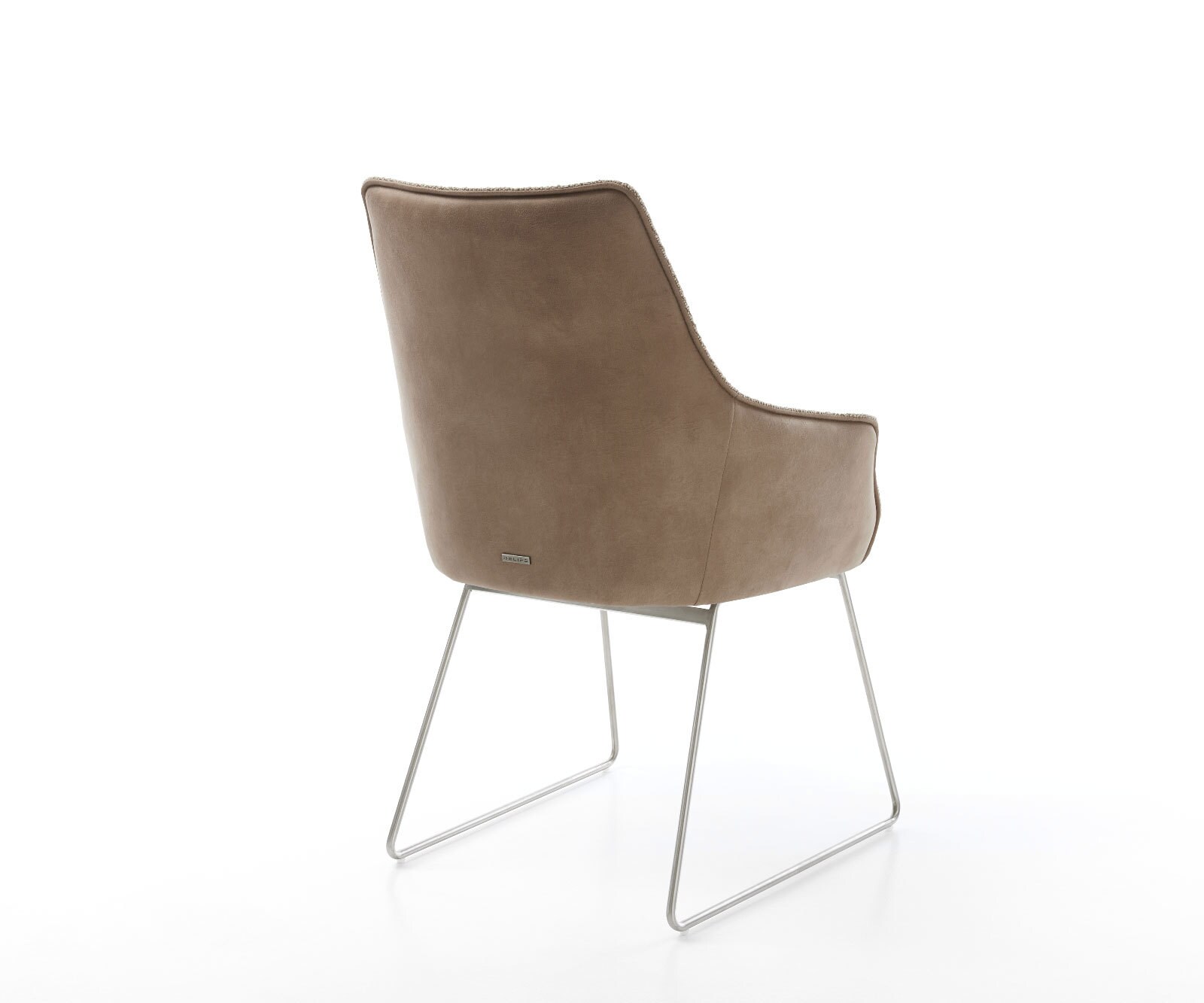 Chaise-de-salle-à-manger Alja-Flex avec accoudoirs tissu mixte couleur boue pied trapèze acier inoxydable brossé ressorts ensachés 5