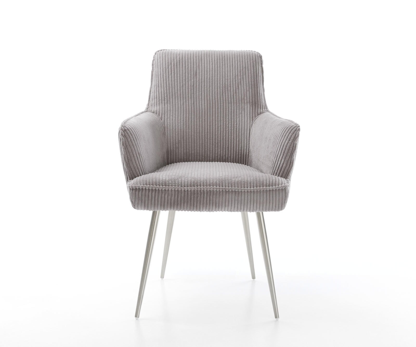 Chaise-de-salle-à-manger Heira-Flex avec accoudoirs côtelé gris argenté 4 pieds coniques acier inoxydable brossé ressorts ensachés 2