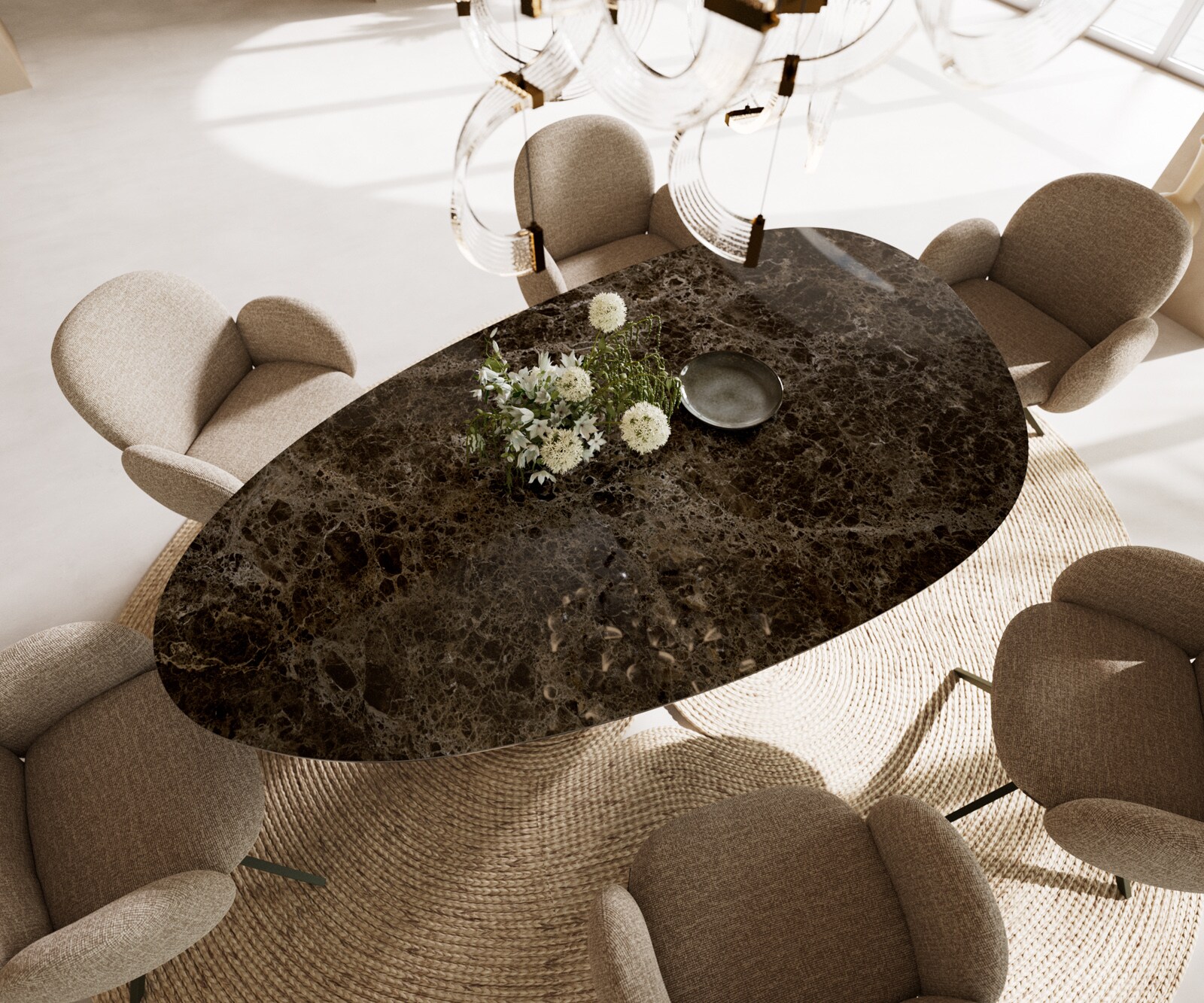 Table de salle à manger Edge Ovale Céramique Emperador Extra Lucidato Brun foncé 220x120 Pilier Acier inoxydable Graphite 2