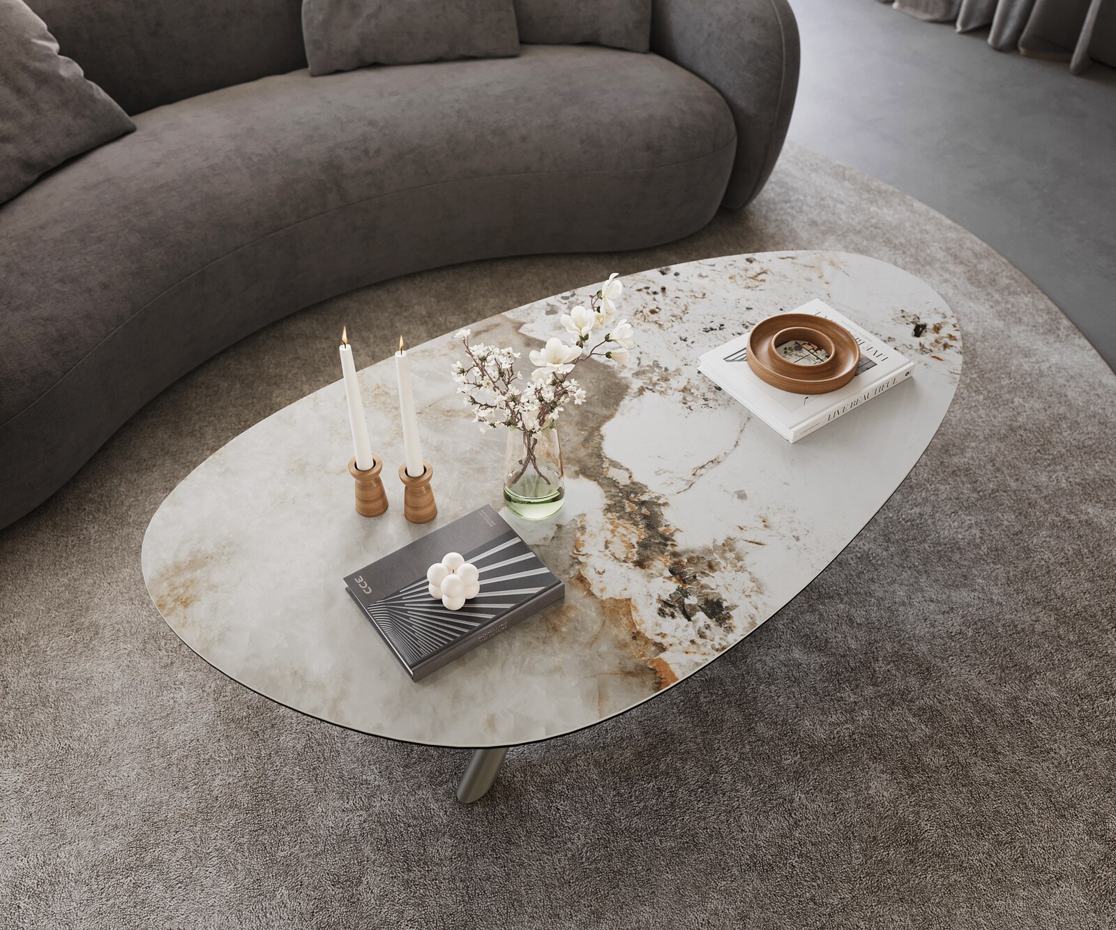 Table basse Edge Oval 140x75 cm céramique Minas Melange Sarity Metall finition effet titane 4