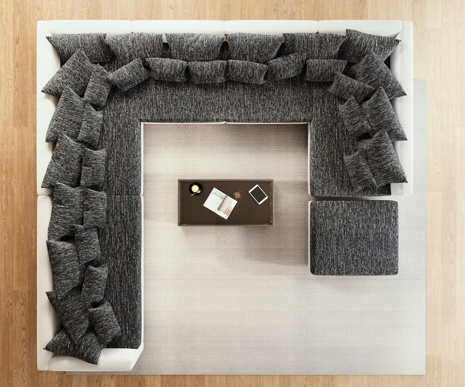 Canapé panoramique Clovis XXL Blanc Noir avec tabouret Pouf gauche 3