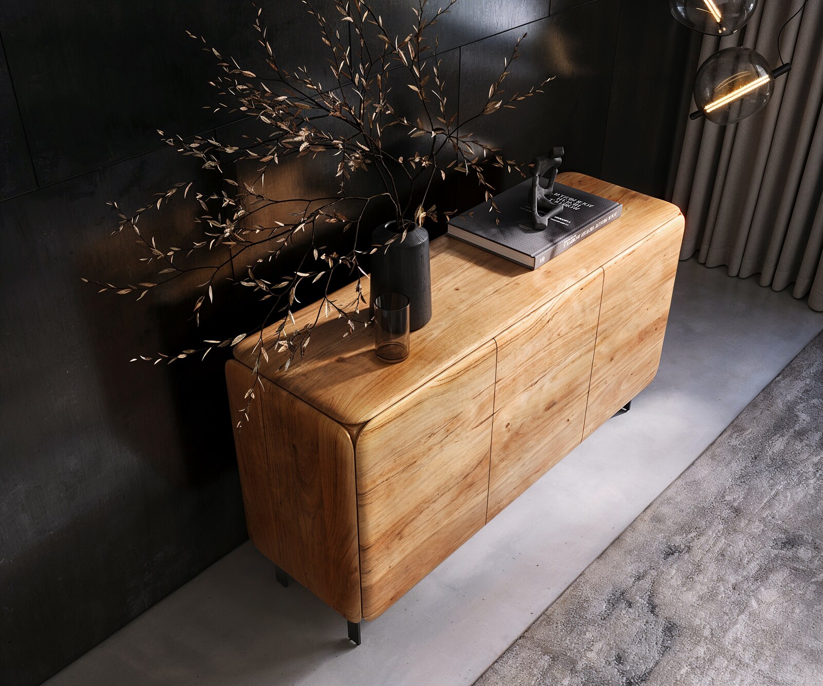 Buffet Shavani 145 cm, acacia naturel, 2 portes, 3 tiroirs, pieds en L, métal noir 4