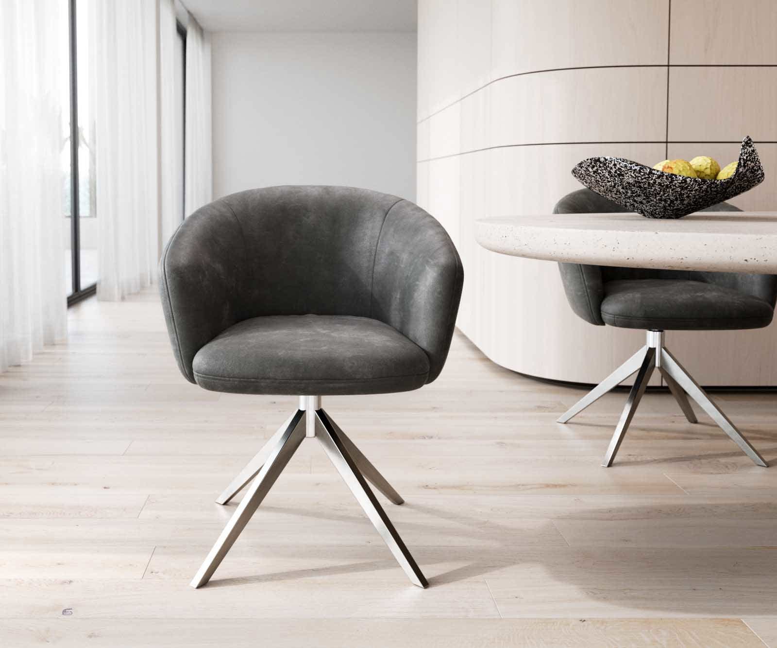 Chaise-pivotante Caja-Flex avec accoudoirs microvelours anthracite vintage pied croisé large acier inoxydable brossé pivotement sur 360° ressorts ensachés 1 Chaise-pivotante Caja-Flex avec accoudoirs microvelours anthracite vintage pied croisé large acier inoxydable brossé pivotement sur 360° ressorts ensachés 1