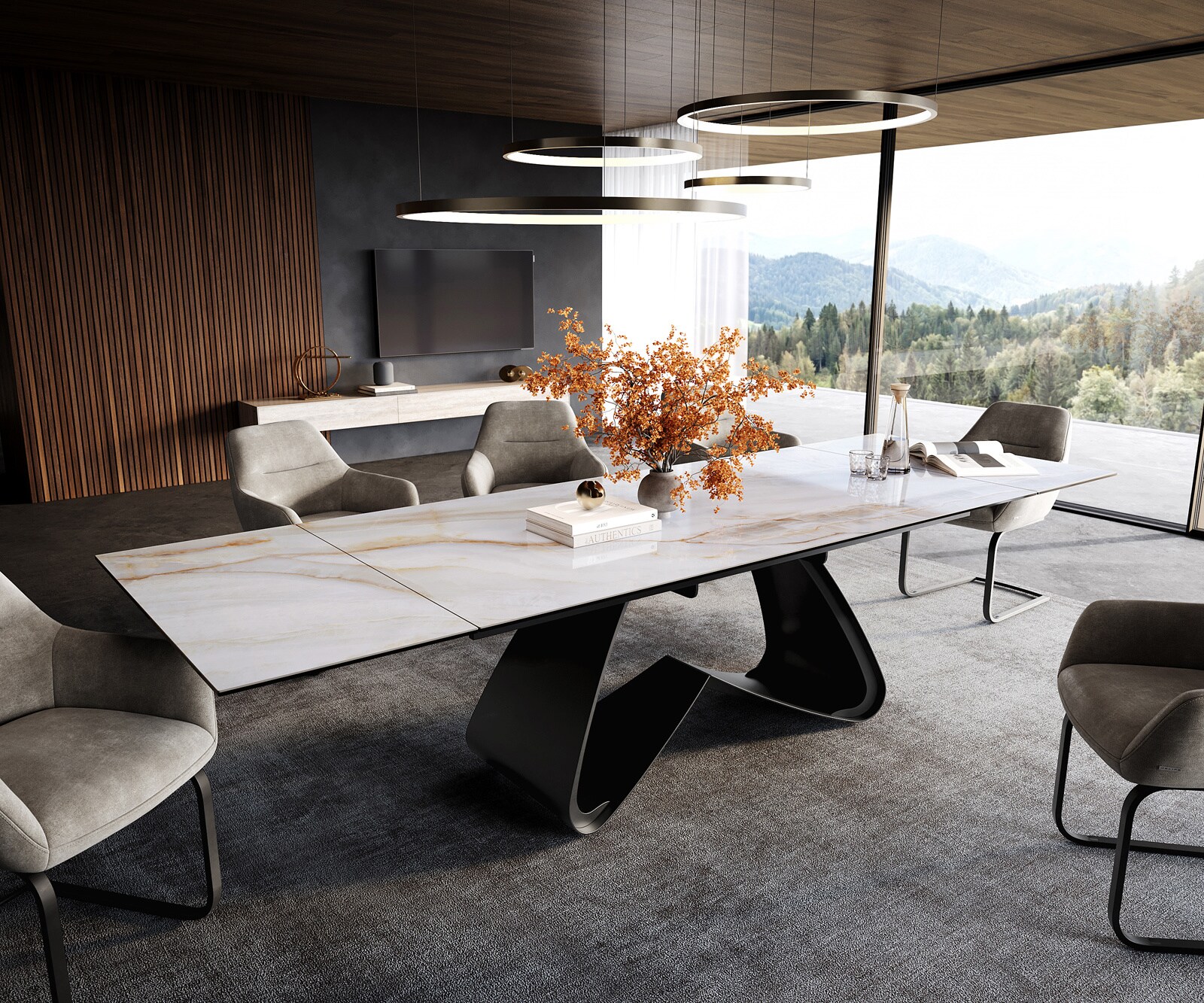 Table à manger extensible Edge 200-300x100 cm céramique Onyx Pearl piètement en W métal noir 1