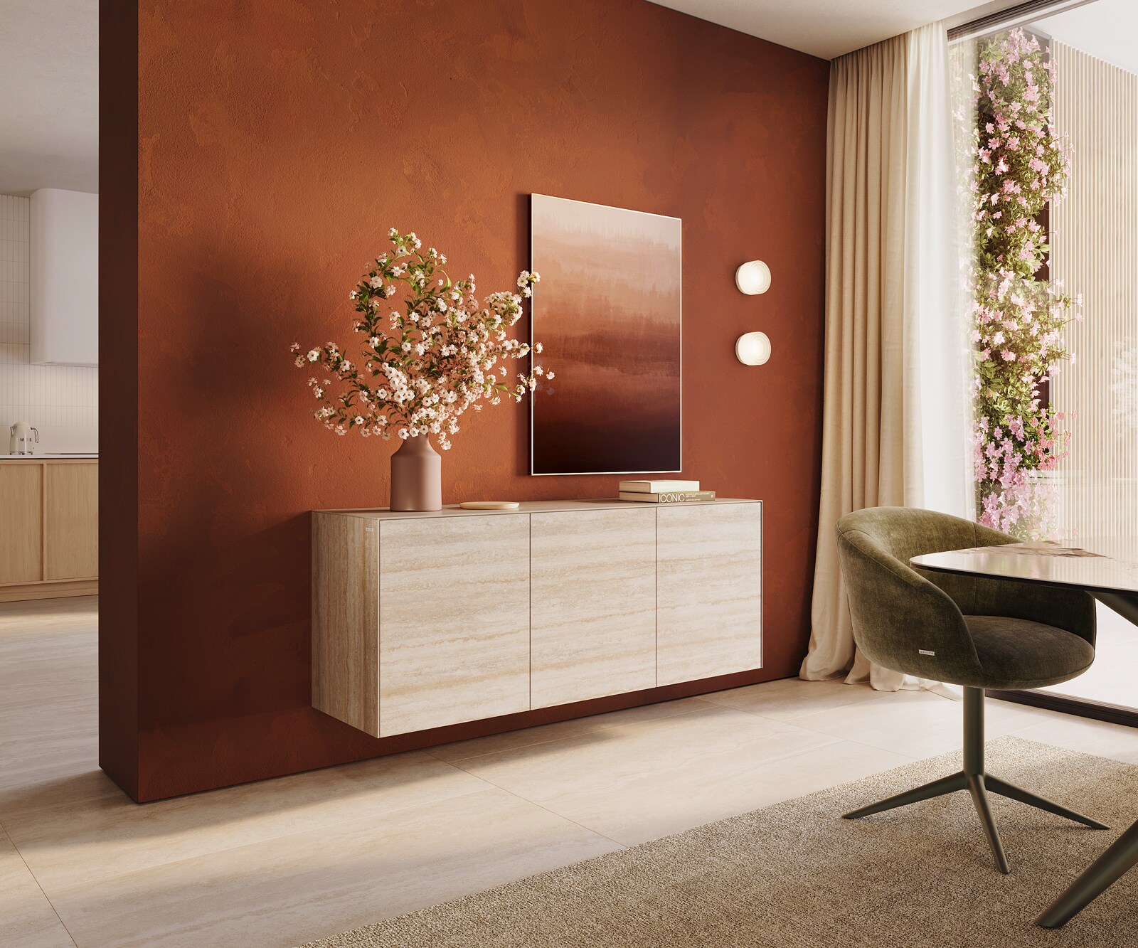 Buffet Cuor 150 cm Céramique Laminam® Travertino Bianco Crème-blanc 3 Portes Flottant