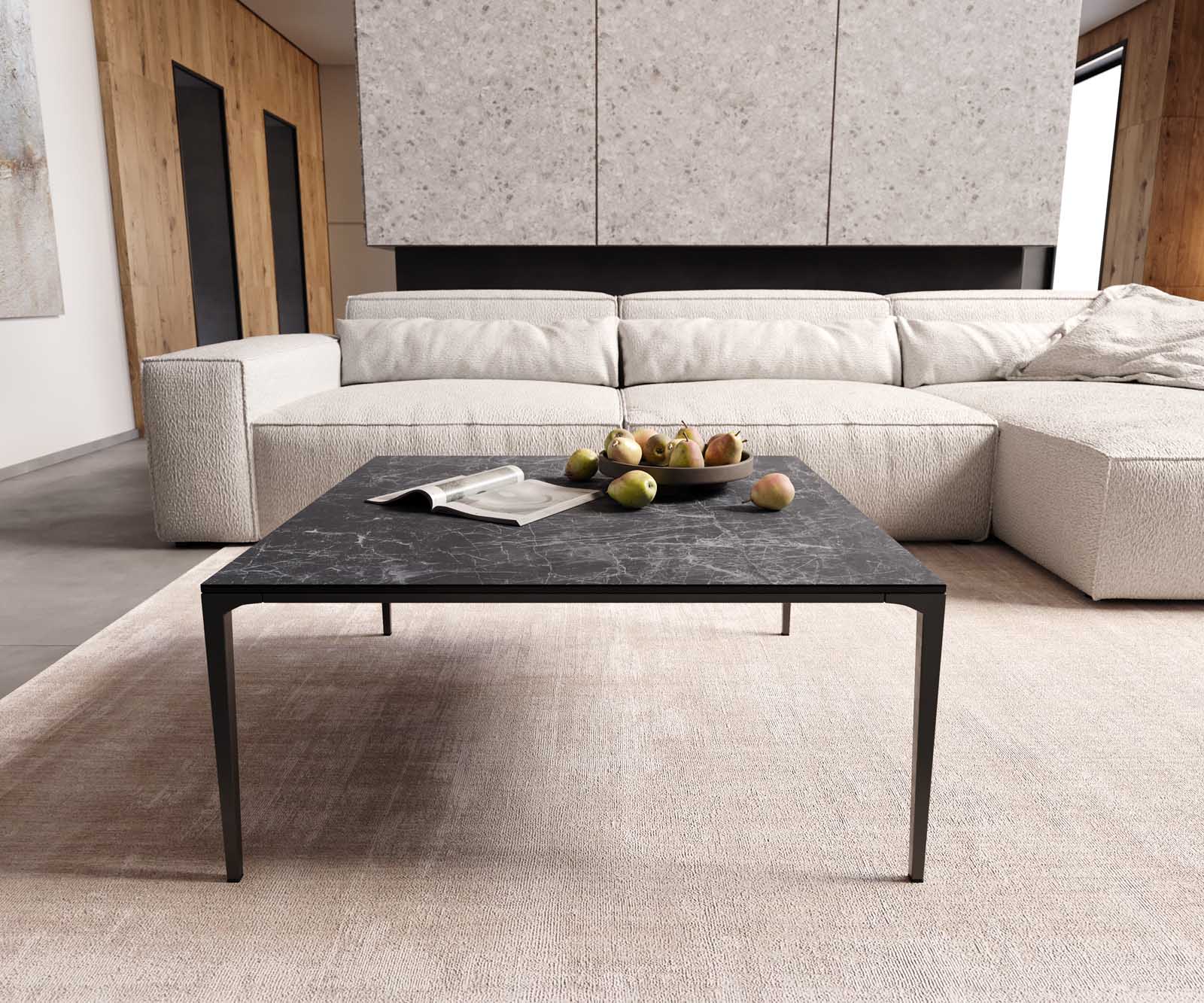 Table-basse Levente 85x85 cm Céramique Laminam®Nero Greco Gris Piétement Métal Noir 1