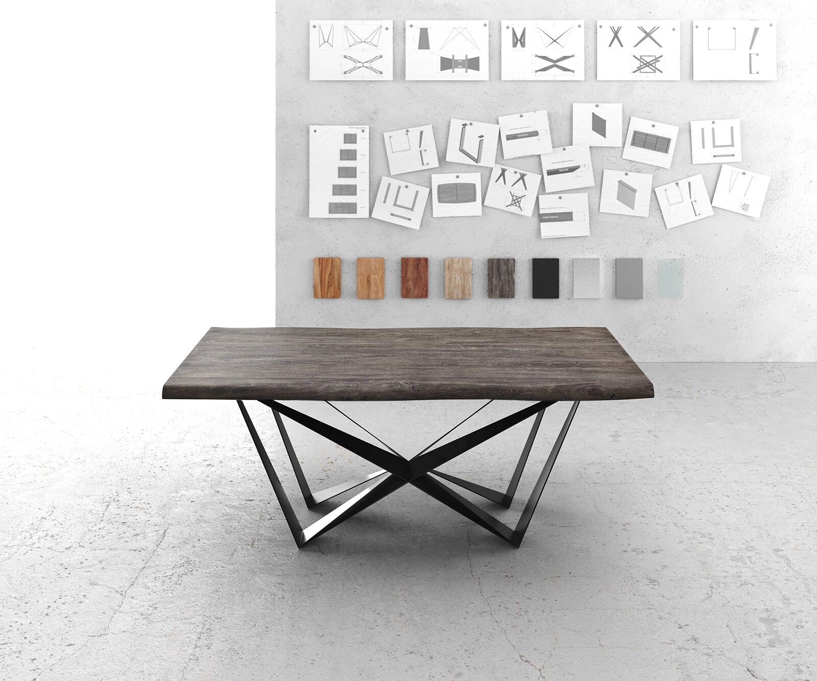 Table à manger Edge 200x100 XL Acacia Platine Spider Acier plat Noir Live-Edge 1