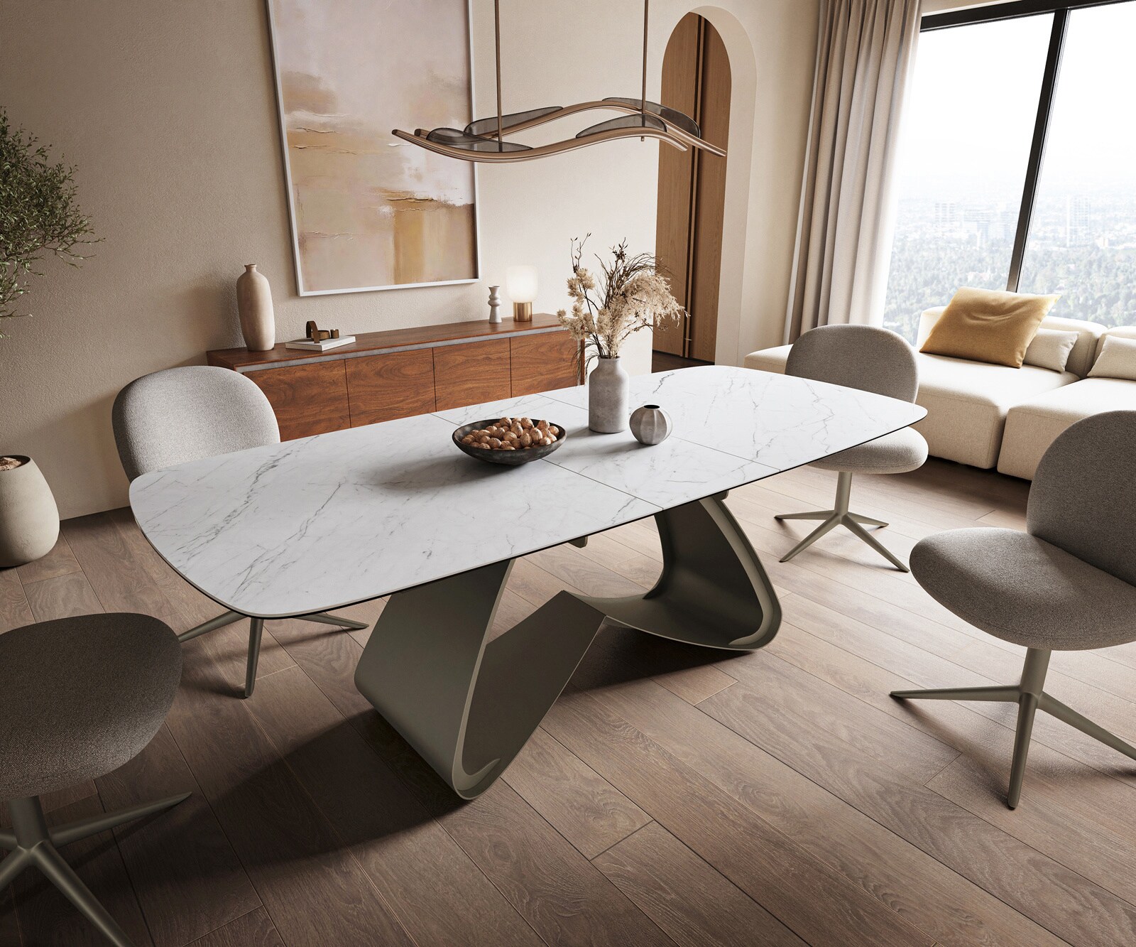 Table à manger Edge Boot 180-220x100 cm Céramique Laminam® Statuarietto Blanc piètement en W Finition effet Titan extensible 1