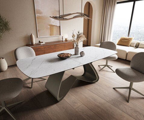 Table à manger Edge Boot 180-220x100 cm Céramique Laminam® Statuarietto Blanc piètement en W Finition effet Titan extensible