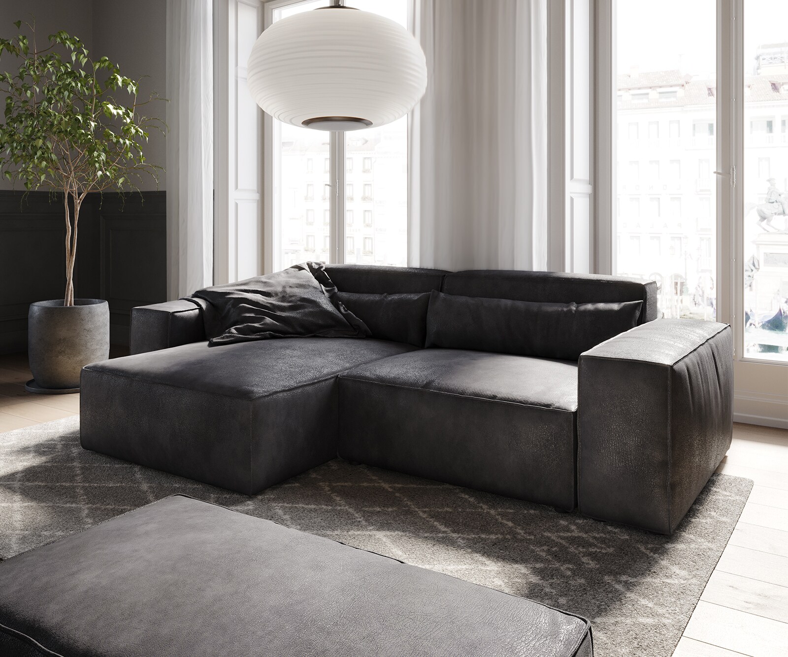 Canapé d'angle Sirpio 230x155 cm Cuir synthétique Vintage Anthracite Recamiere variable avec Tabouret