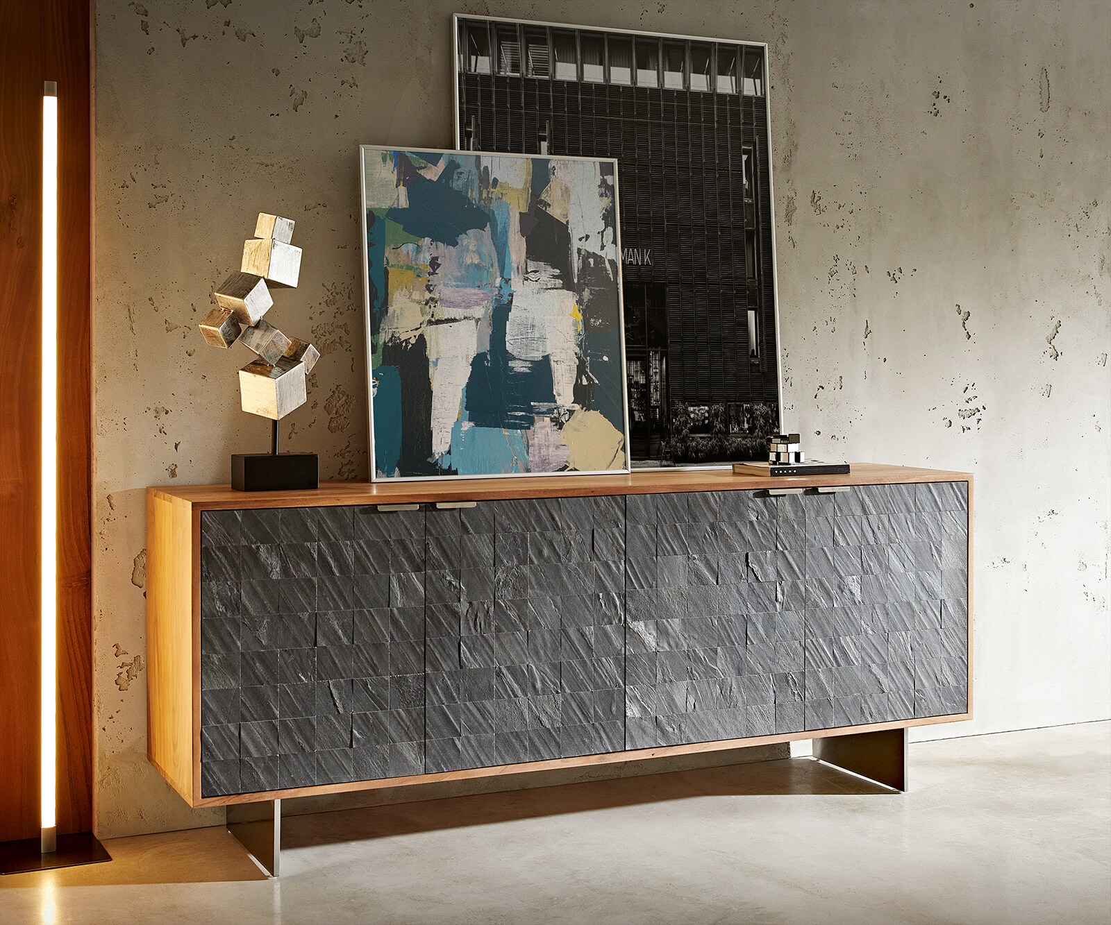 Buffet Teele acacia nature plaqué ardoise massif 3