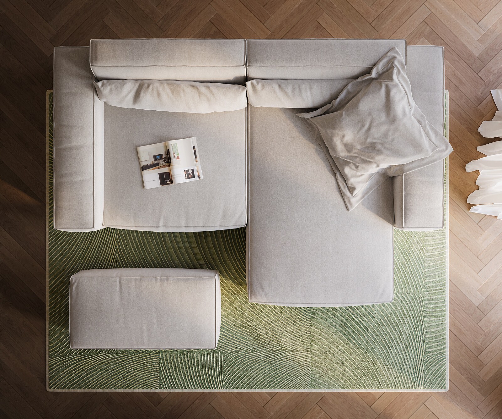 Canapé d'angle Sirpio XL 270x170 cm Tissu texturé doux Beige Méridienne modulable avec pouf 6