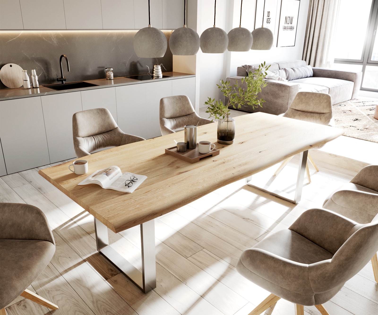 Table-à-manger Edge 260x100x2,5-3 chêne nature acier inoxydable mince Live-Edge Table-à-manger Edge 260x100x2,5-3 chêne nature acier inoxydable mince Live-Edge