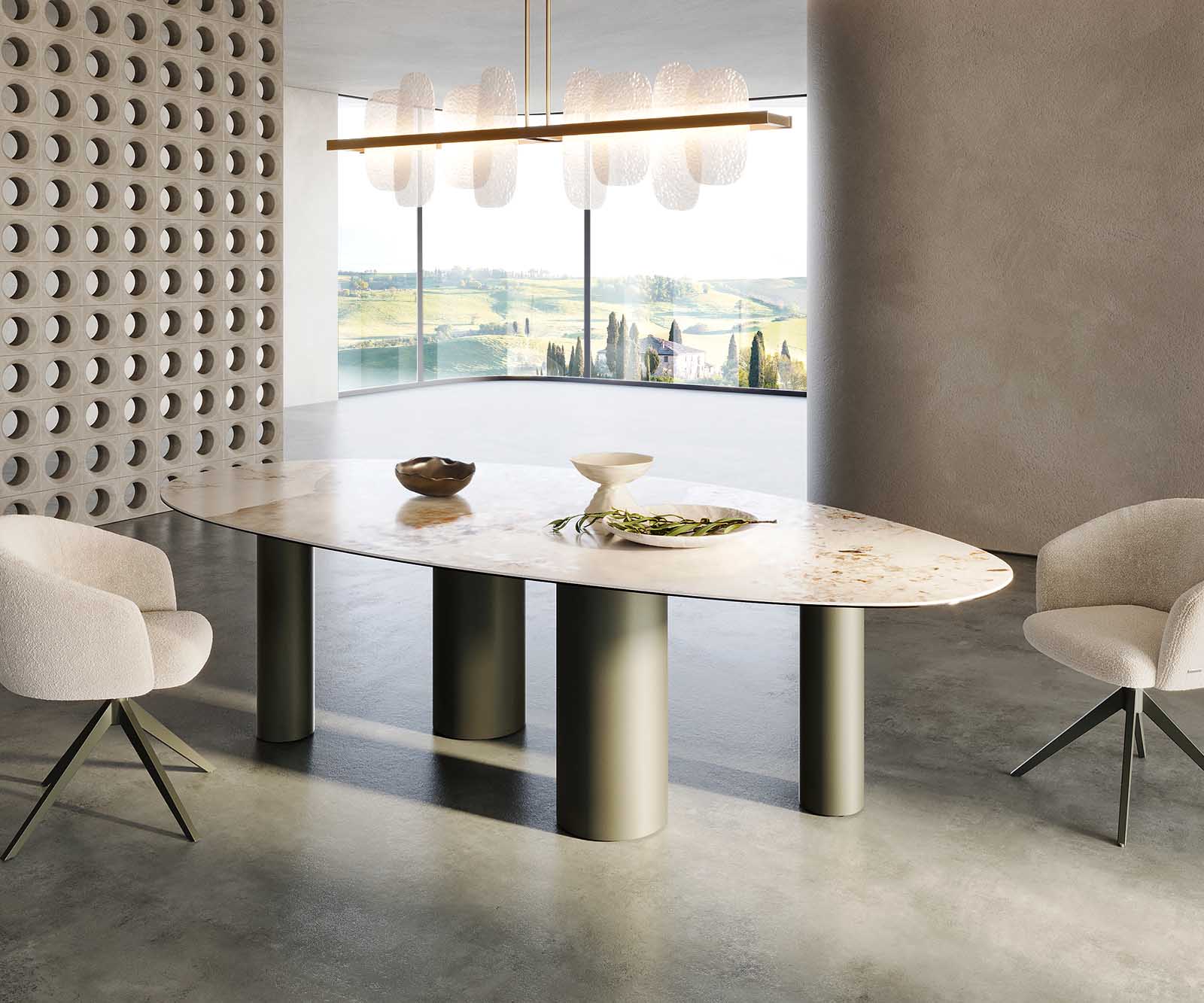 Table à manger Edge Oval 280x130 Céramique Minas Melange Blanc-Beige Pilier Métal Effet Titane 6