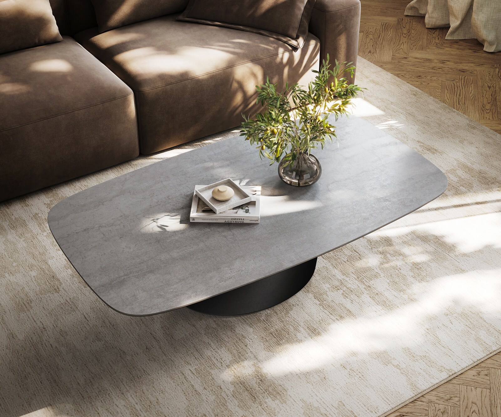 Table basse Edge forme bateau 140x80 cm céramique béton gris Conis métal noir 4