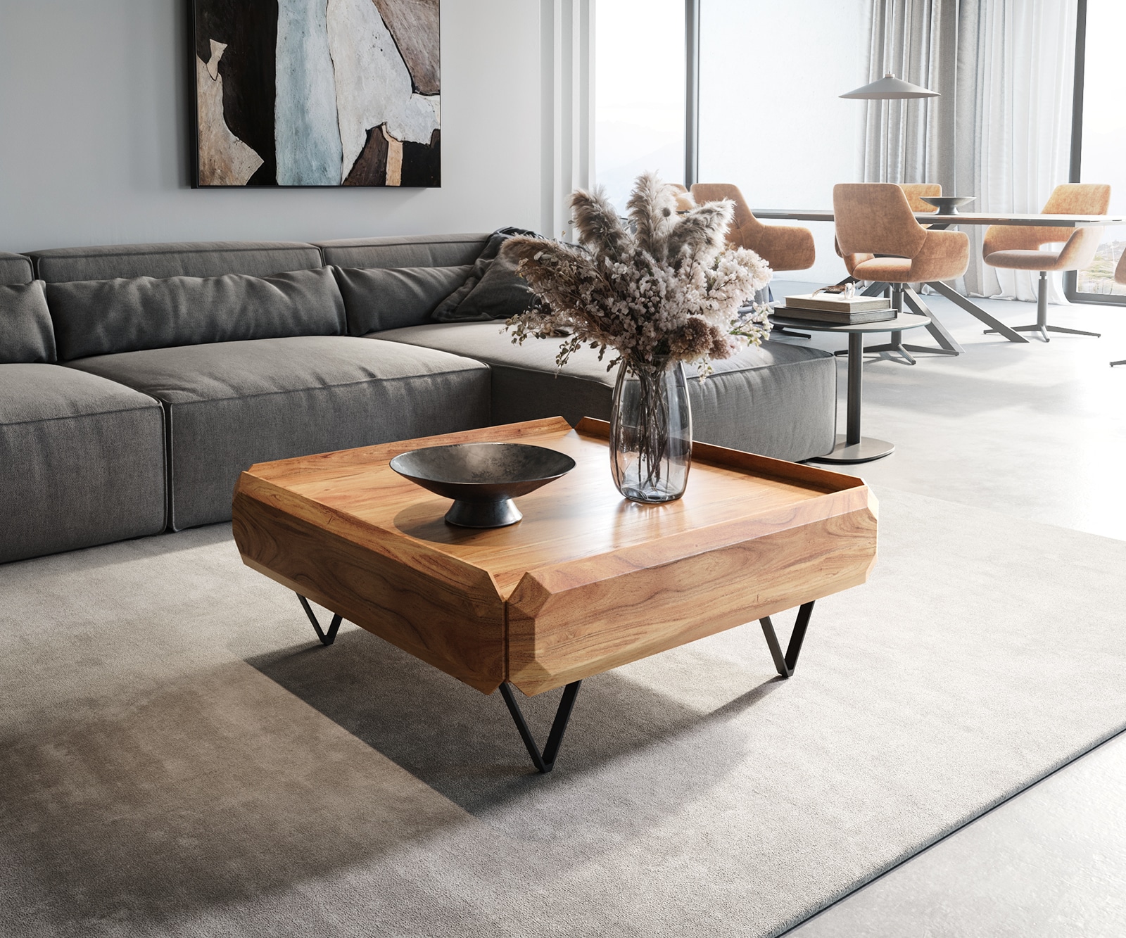 Table basse Kiano acacia naturel 2 tiroirs pied V Table basse Kiano acacia naturel 2 tiroirs pied V