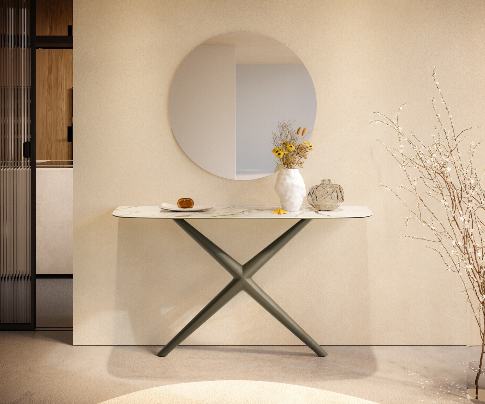 Console Edge forme bateau 140x40 cm Céramique Calacatta Luxe Weiß-Gold-Gris Estelo Métal Effektfinish Titan 1