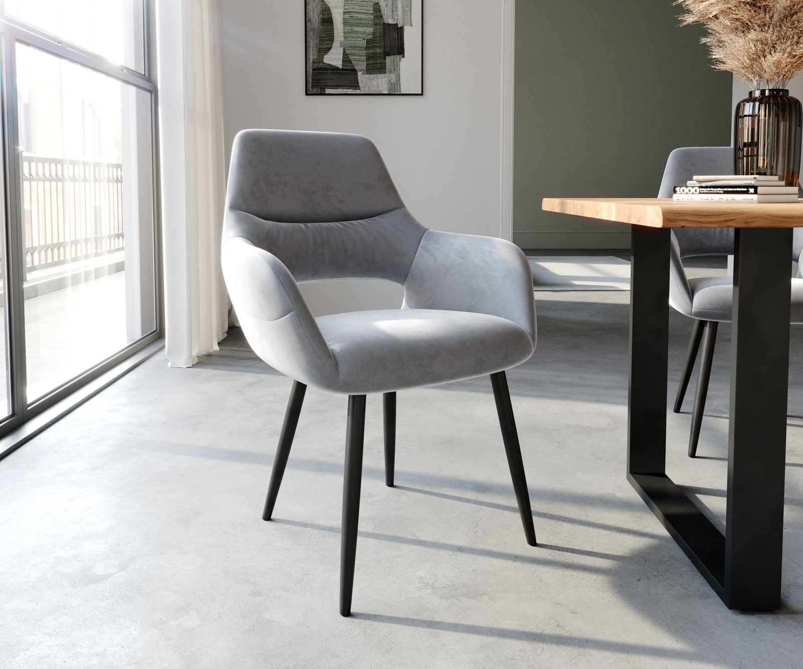 Chaise-de-salle-à-manger Yago-Flex avec accoudoirs velours gris 4 pieds coniques noir ressorts ensachés Chaise-de-salle-à-manger Yago-Flex avec accoudoirs velours gris 4 pieds coniques noir ressorts ensachés