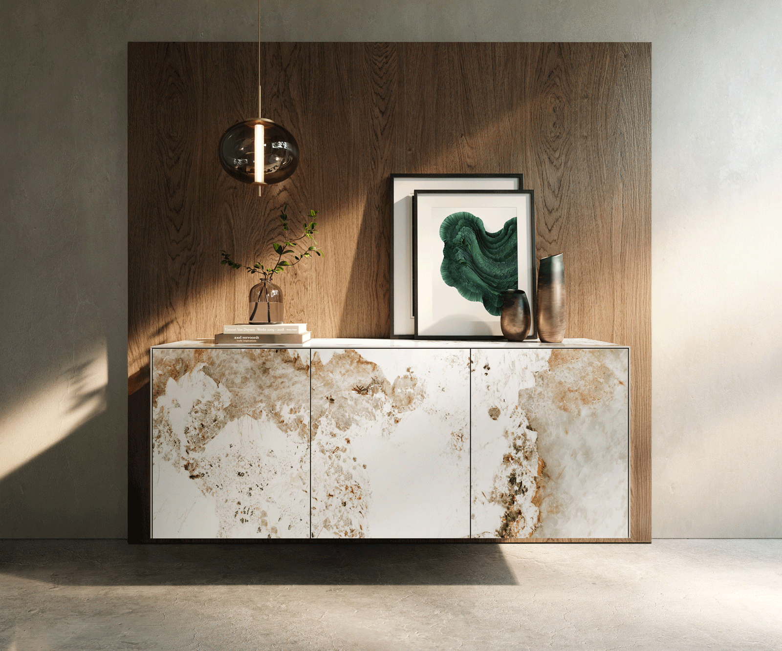 Buffet Cuor 150 cm Céramique Minas Melange Blanc-beige 3 Portes Flottant 1