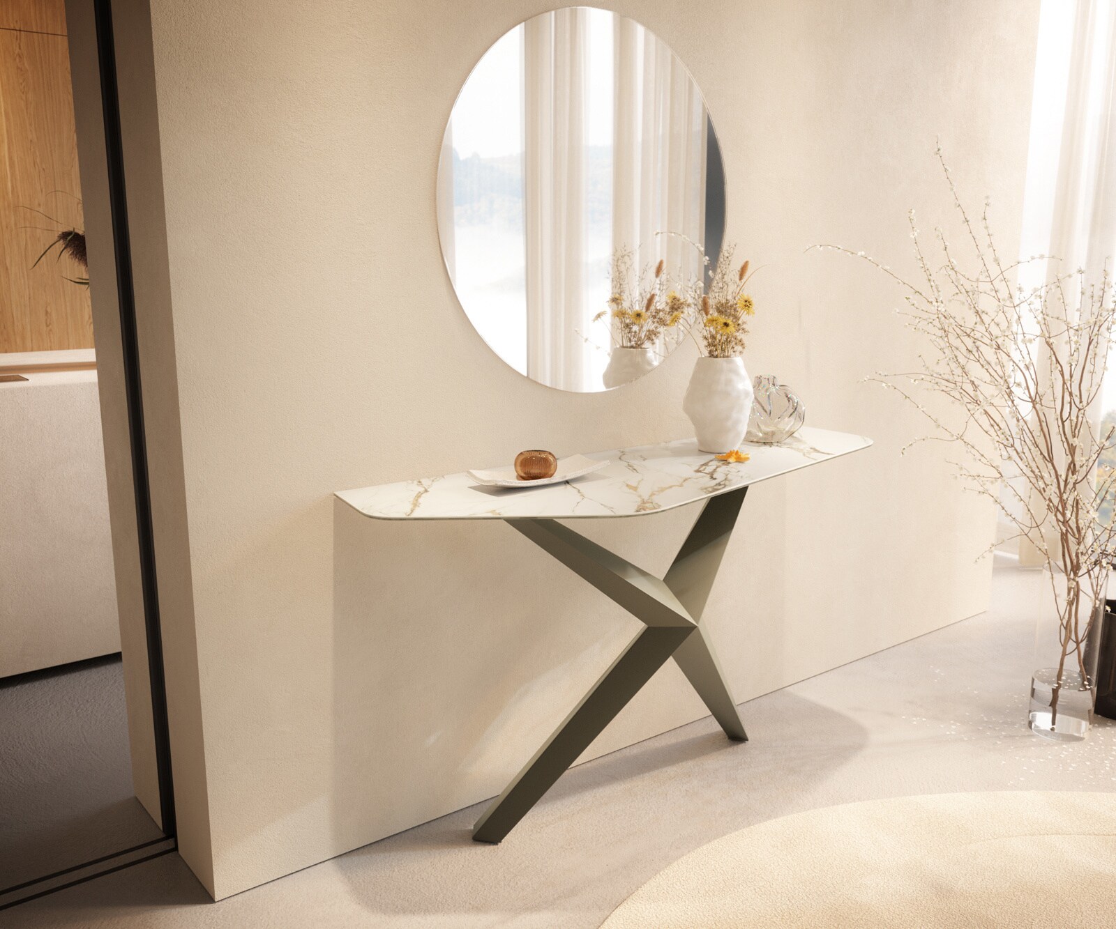 Console Edge Polygonal 140x50 cm Céramique Calacatta Luxe Weiß-Gold-Gris Zentharo Métal Effektfinish Titan 1