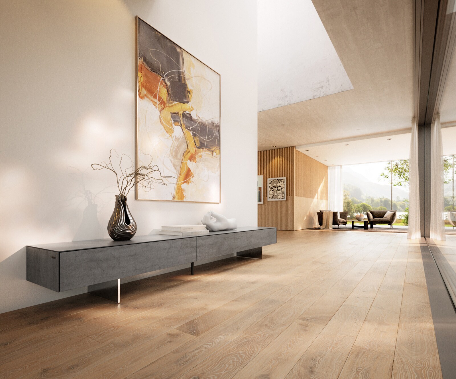Meuble-TV Cuor 250 cm Céramique Béton gris 1 Clapet 1 Tiroir Pied optique flottant Ancier inoxydable