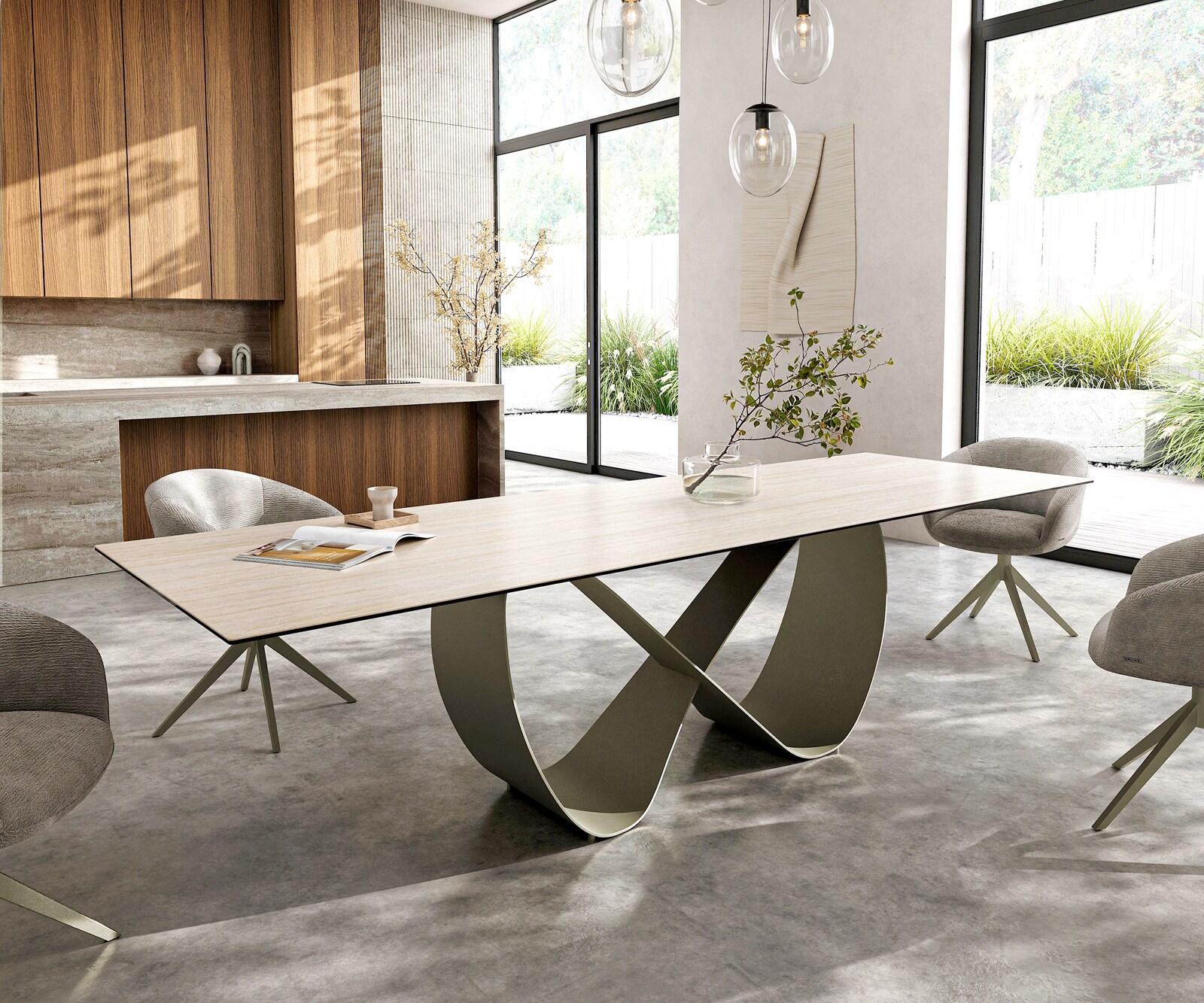 Table à manger Edge 300x100 céramique Laminam® Travertino Bianco crème-blanc Infinity métal effet finition titanee