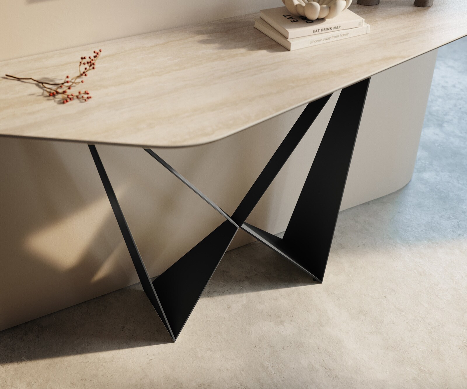 Console Edge Polygonal 140x50 cm Céramique Laminam® Travertino Bianco Creme-Weiß Spios Métal Noir 5