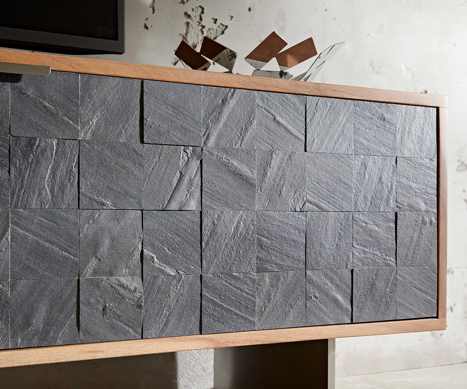 Meuble-TV Teele 200 cm acacia naturel ardoise 2 portes pied flottant inoxydable 5