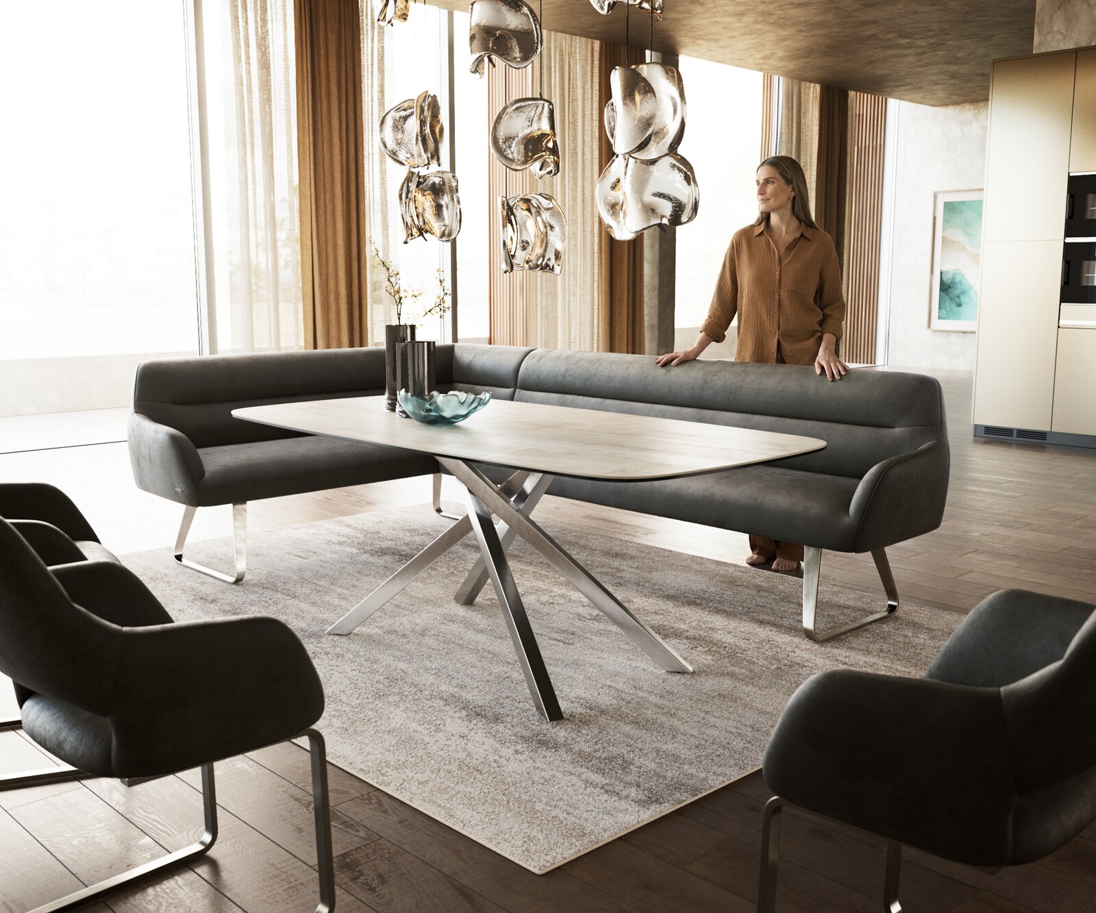 Banc-de-salle-à-manger Taya-Flex 285x190 cm microfibre antracite vintage châssis à patins plat acier inoxydable ressort ensaché à droite 1