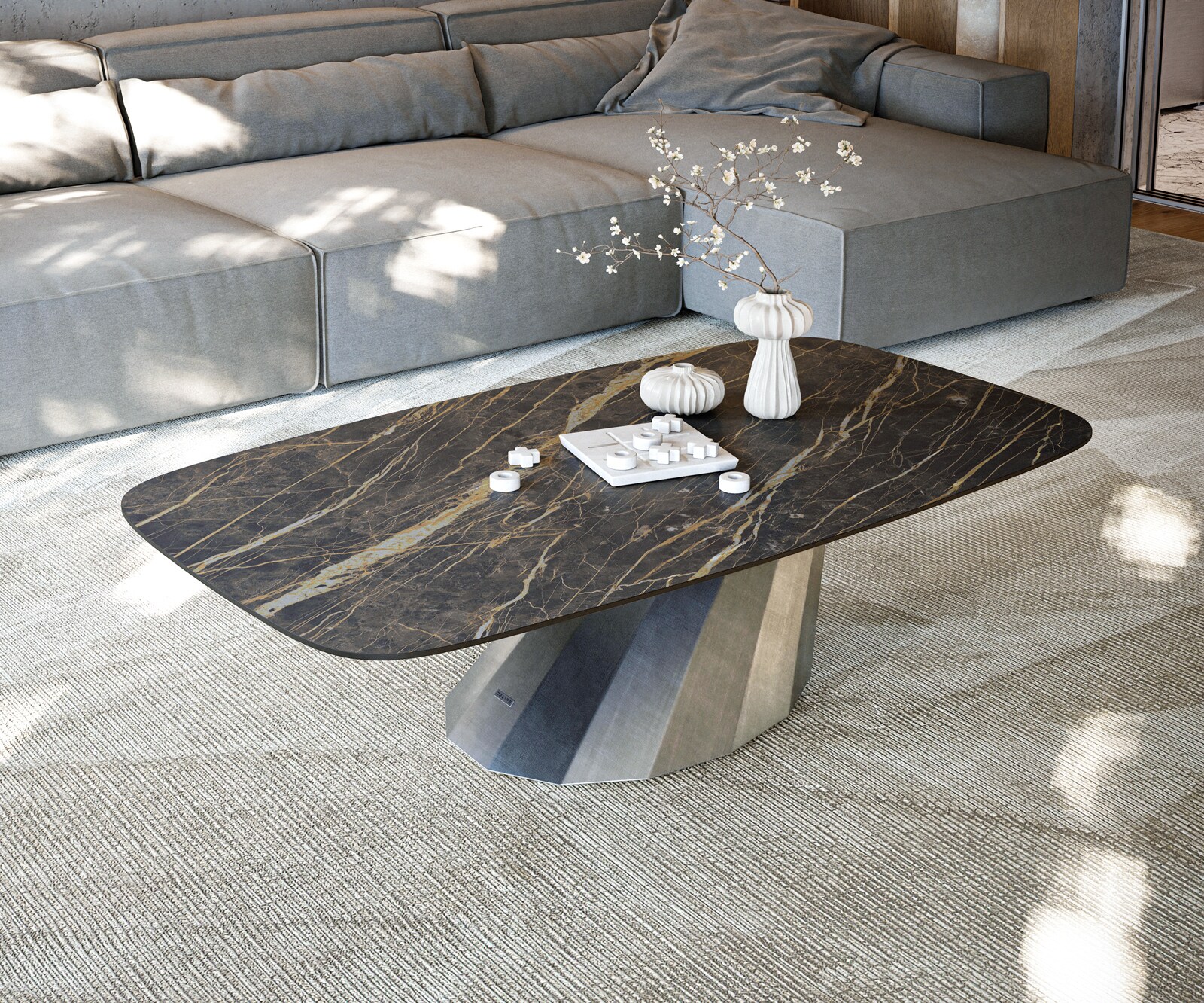 Table basse Edge Boot 140x80 cm céramique Laminam® Noir Desir brun Parabi argent métallique 1