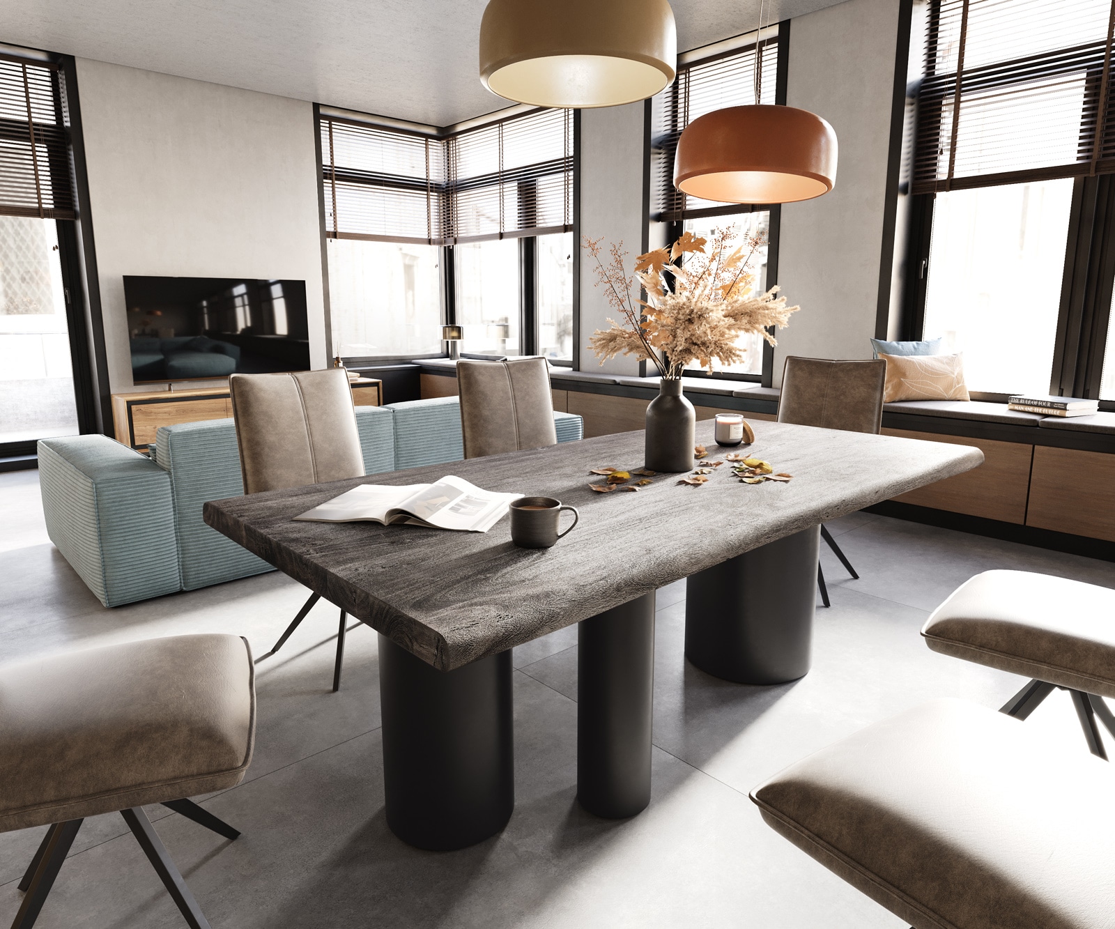 Table à manger Edge 200x100 XL acacia platine Troa métal noir Live-Edge 1