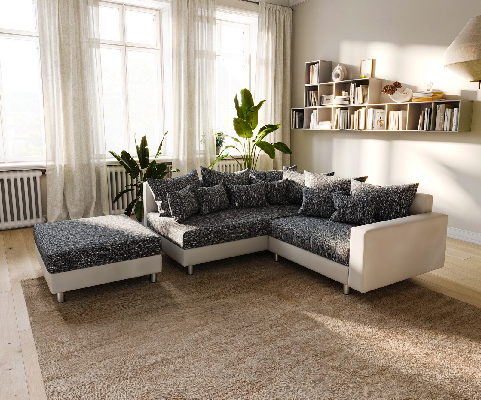 Canapé-d'angle Clovis blanc noir modulaire accoudoir Tabouret Pouf Gauche 